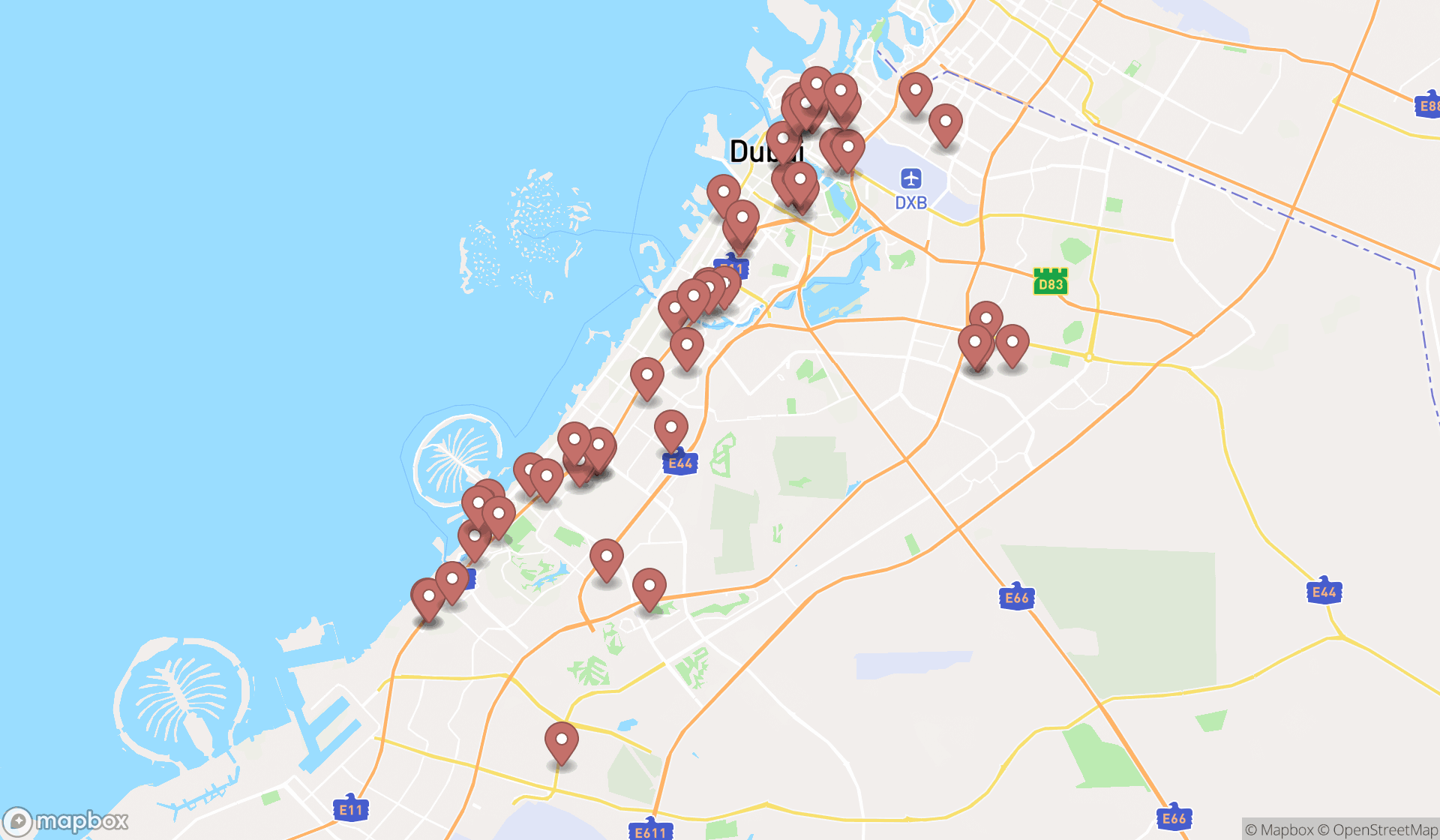 Map showing the search results in Dubai