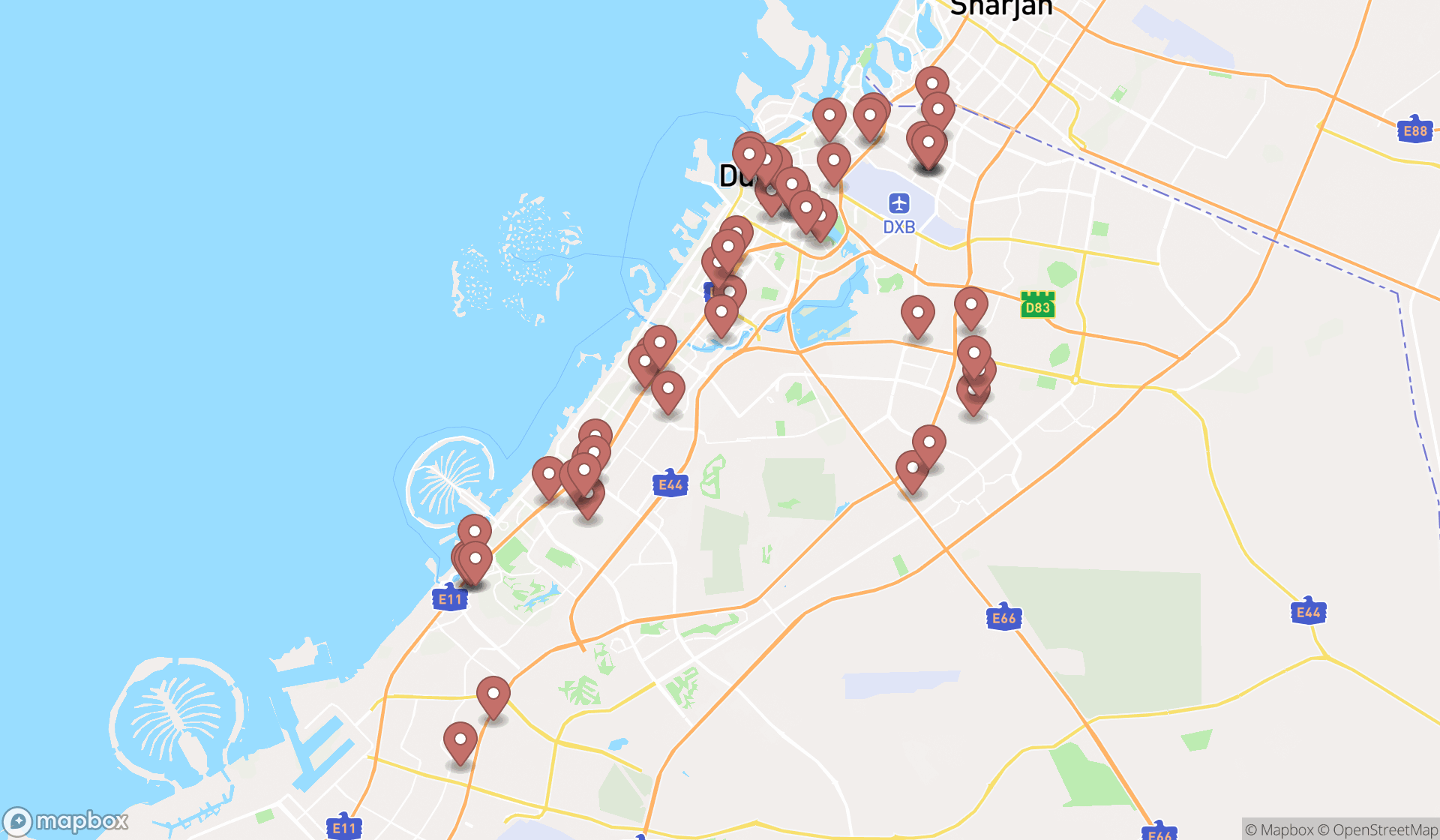 Map showing the search results in Dubai