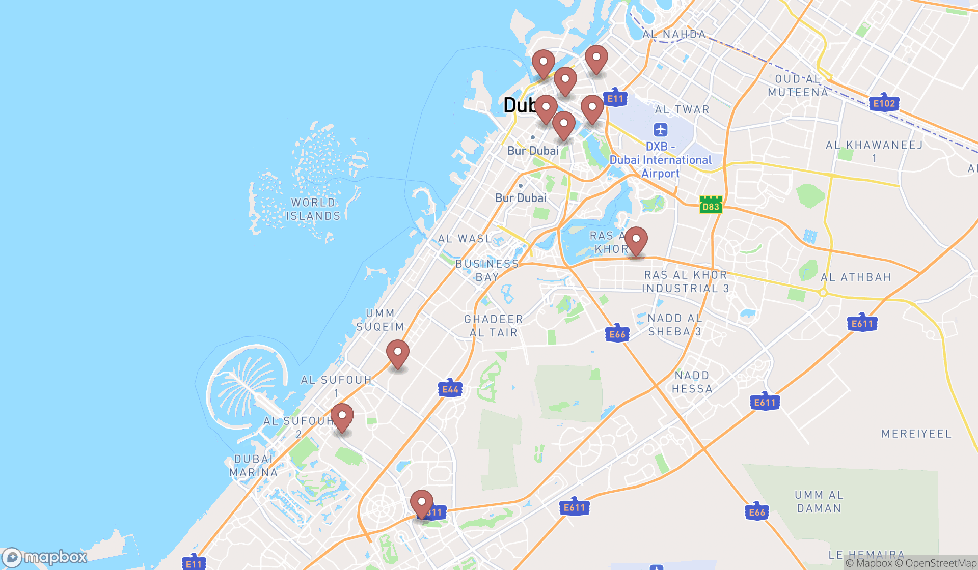 Map showing the search results in Dubai