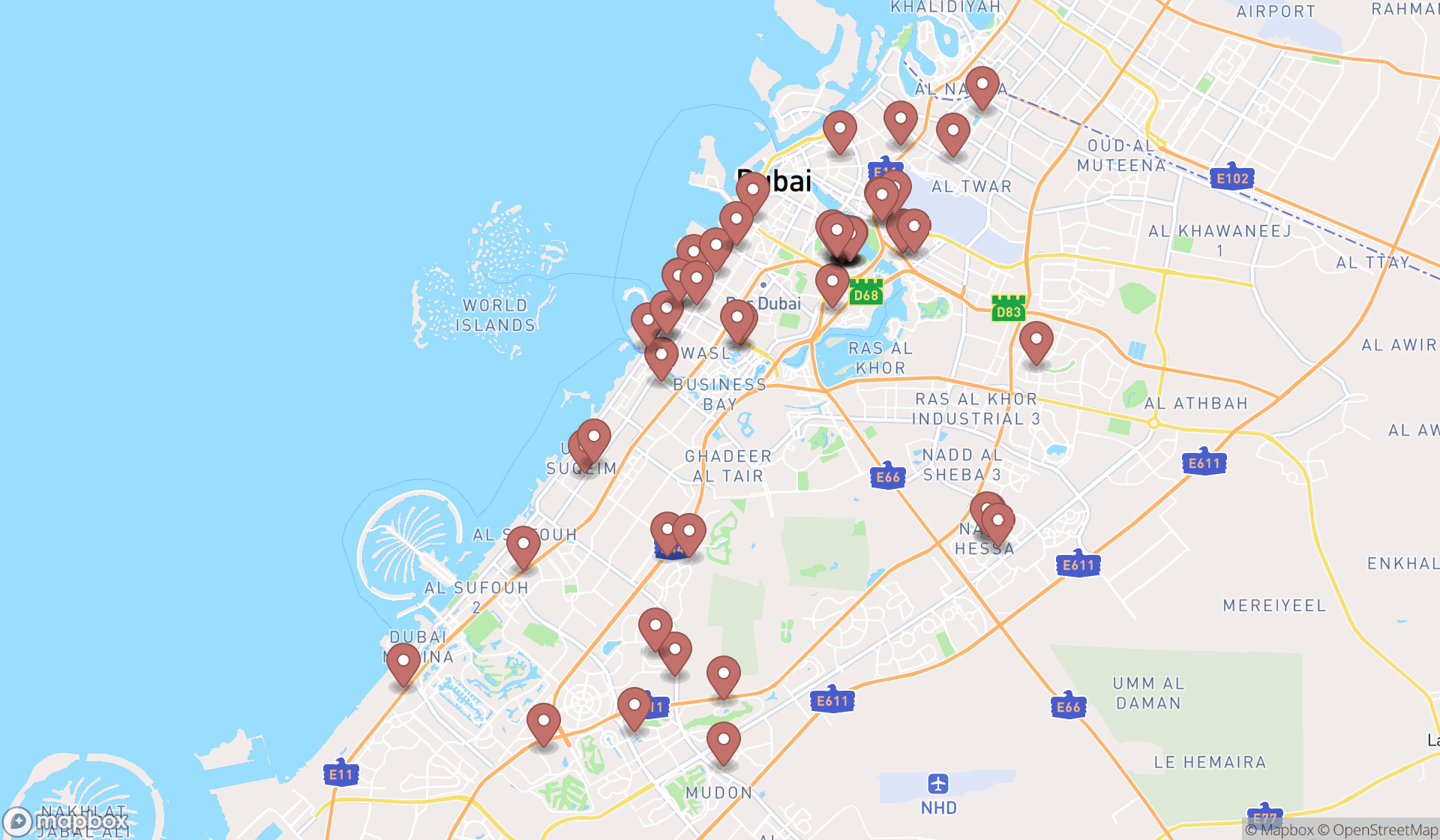 Map showing the search results in Dubai