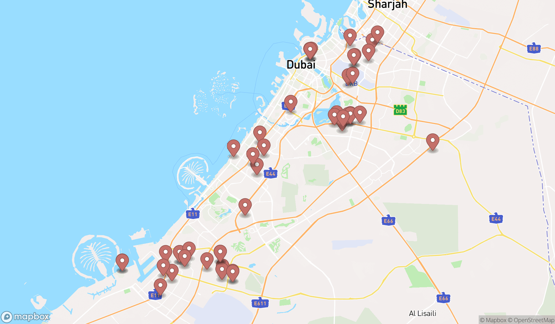 Map showing the search results in Dubai
