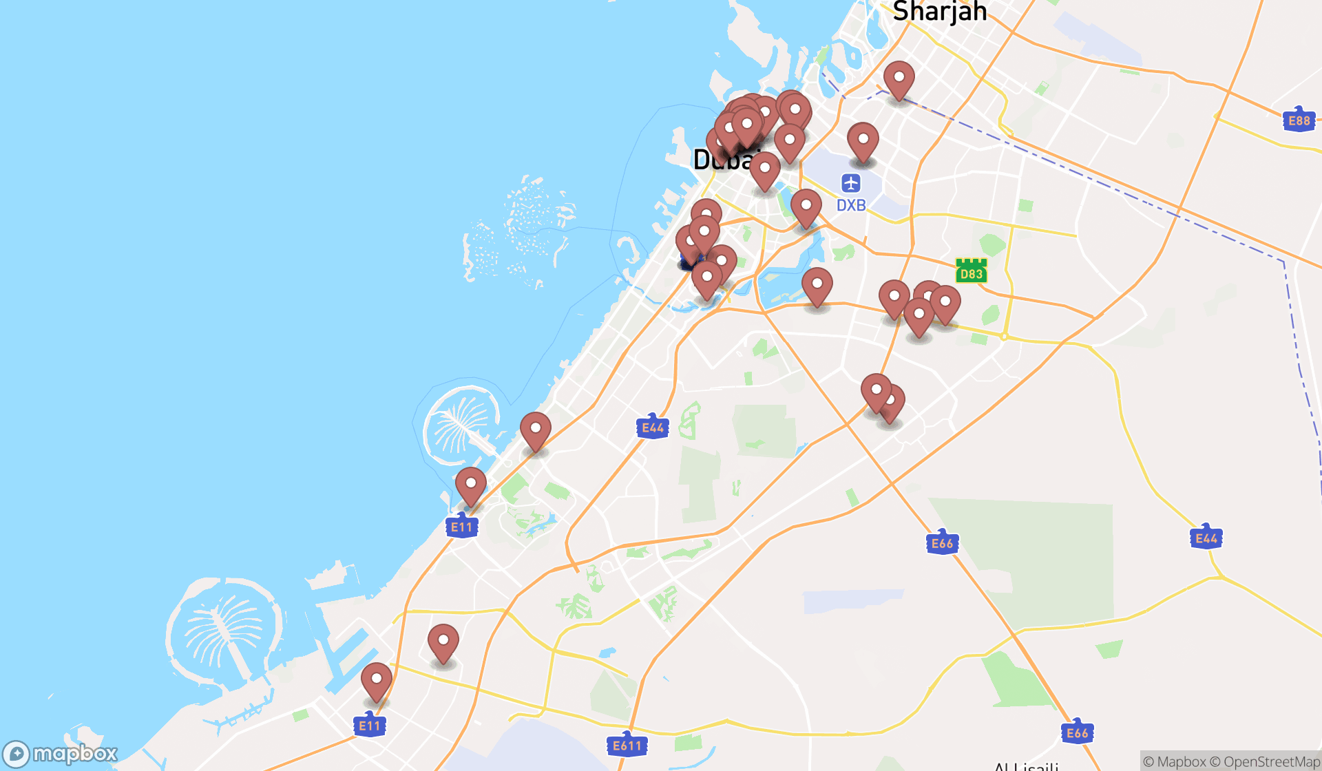 Map showing the search results in Dubai