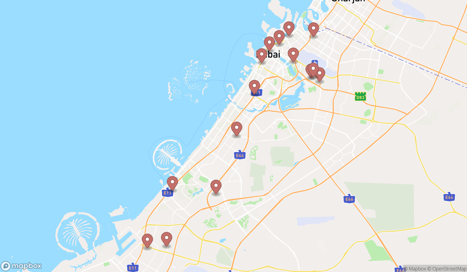 Map showing the search results in Dubai