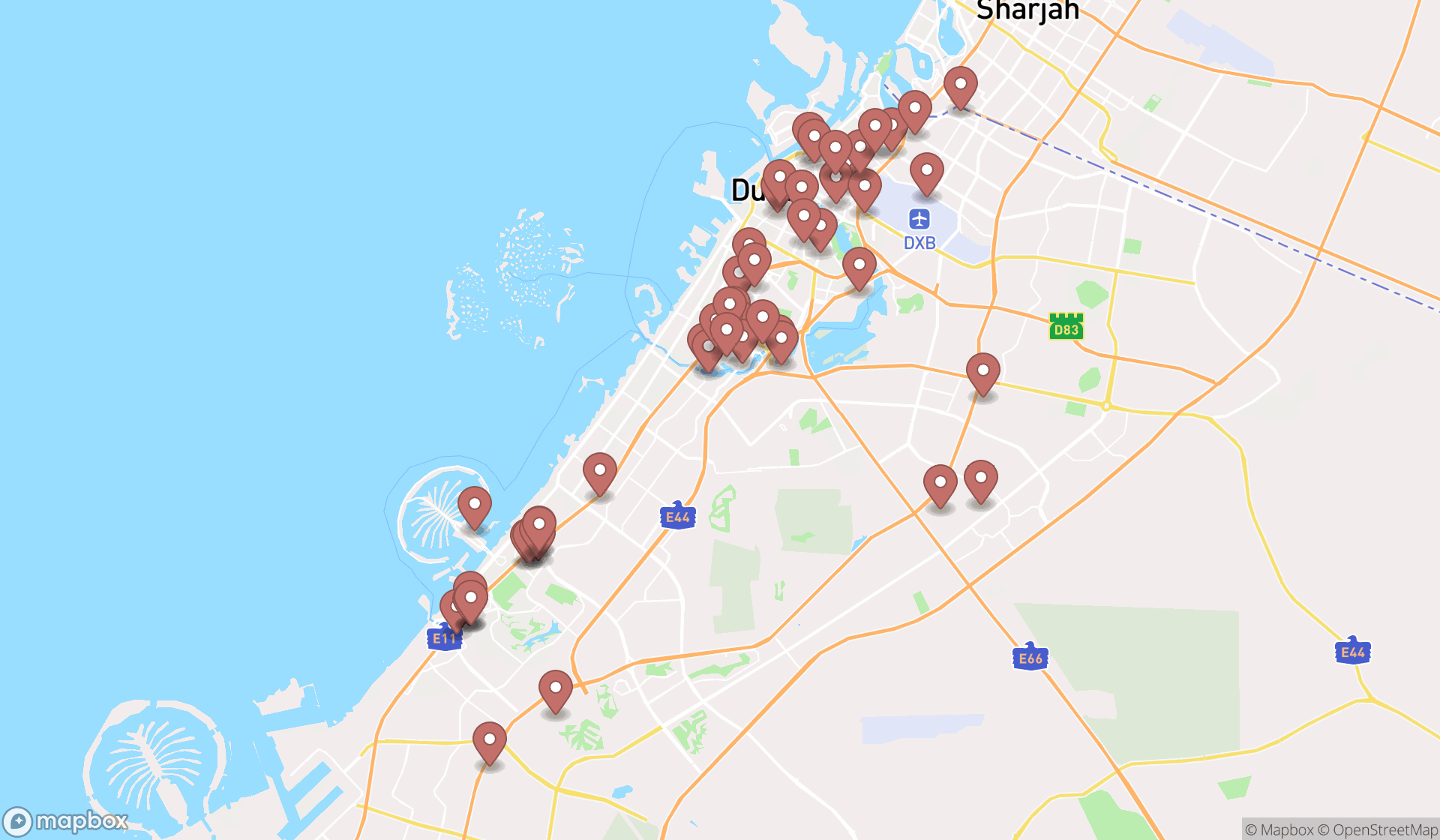 Map showing the search results in Dubai