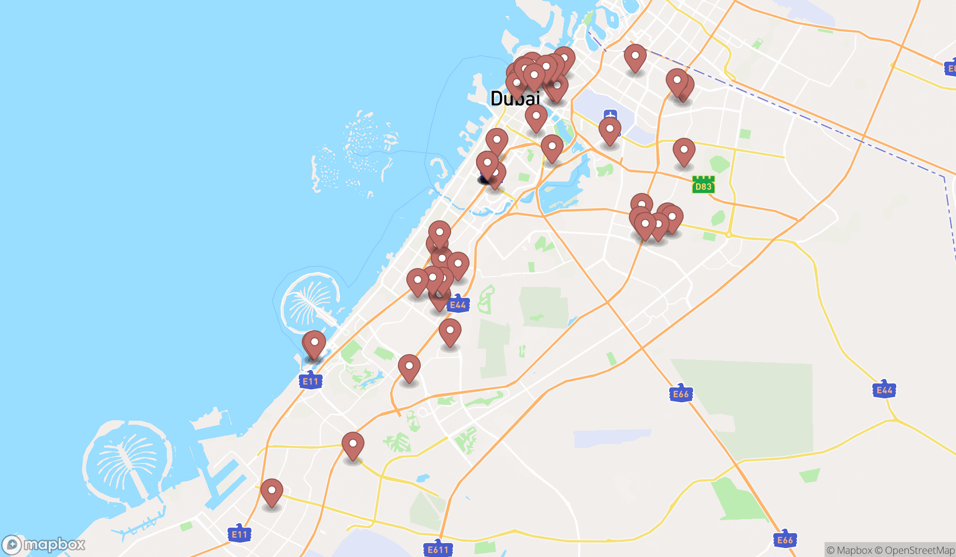 Map showing the search results in Dubai
