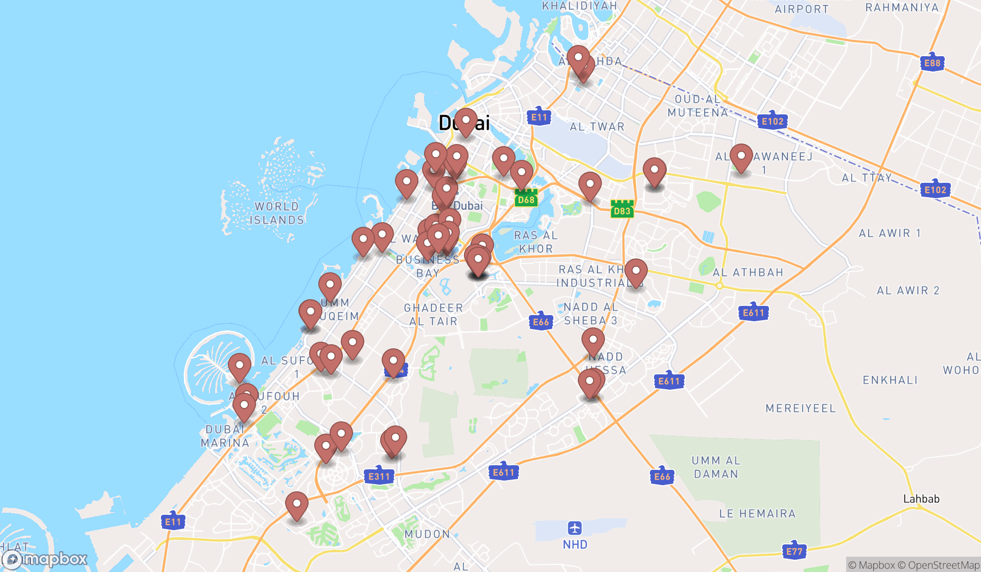 Map showing the search results in Dubai