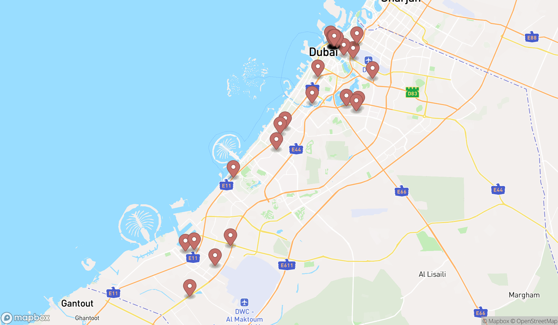 Map showing the search results in Dubai