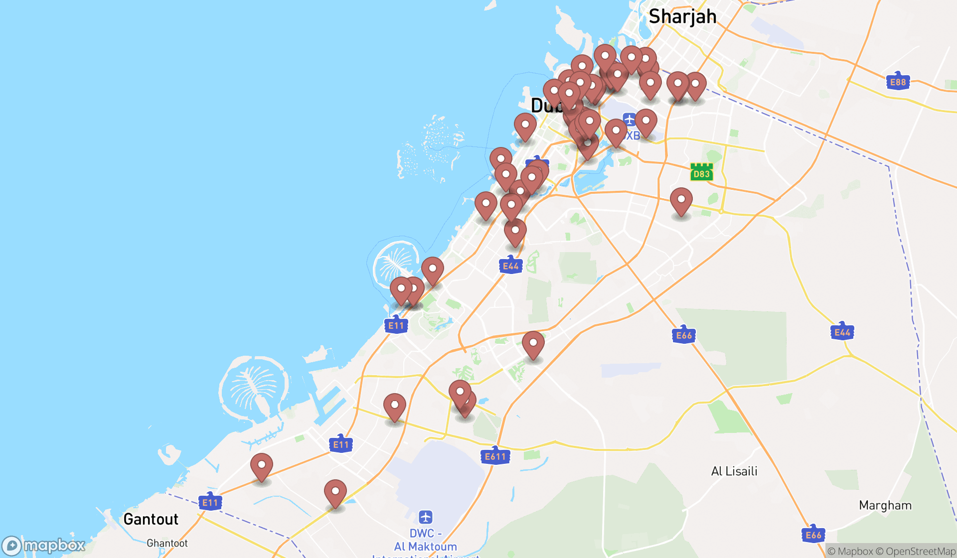 Map showing the search results in Dubai