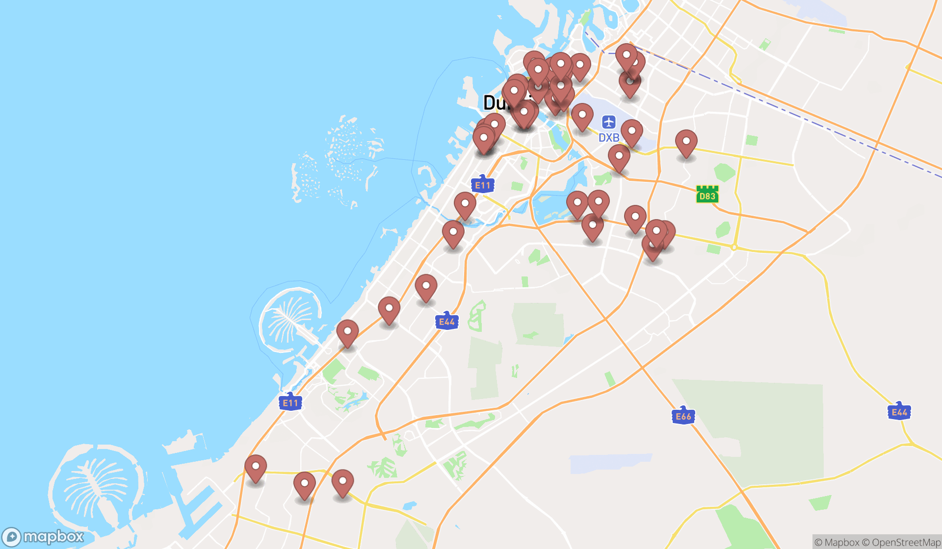 Map showing the search results in Dubai