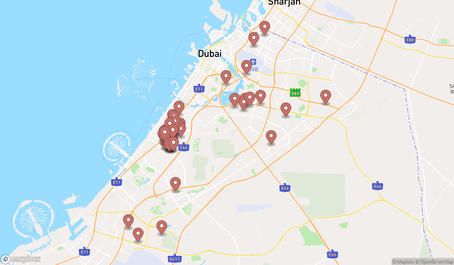 Map showing the search results in Dubai