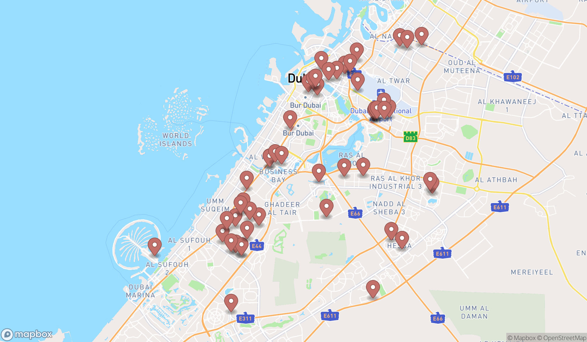 Map showing the search results in Dubai