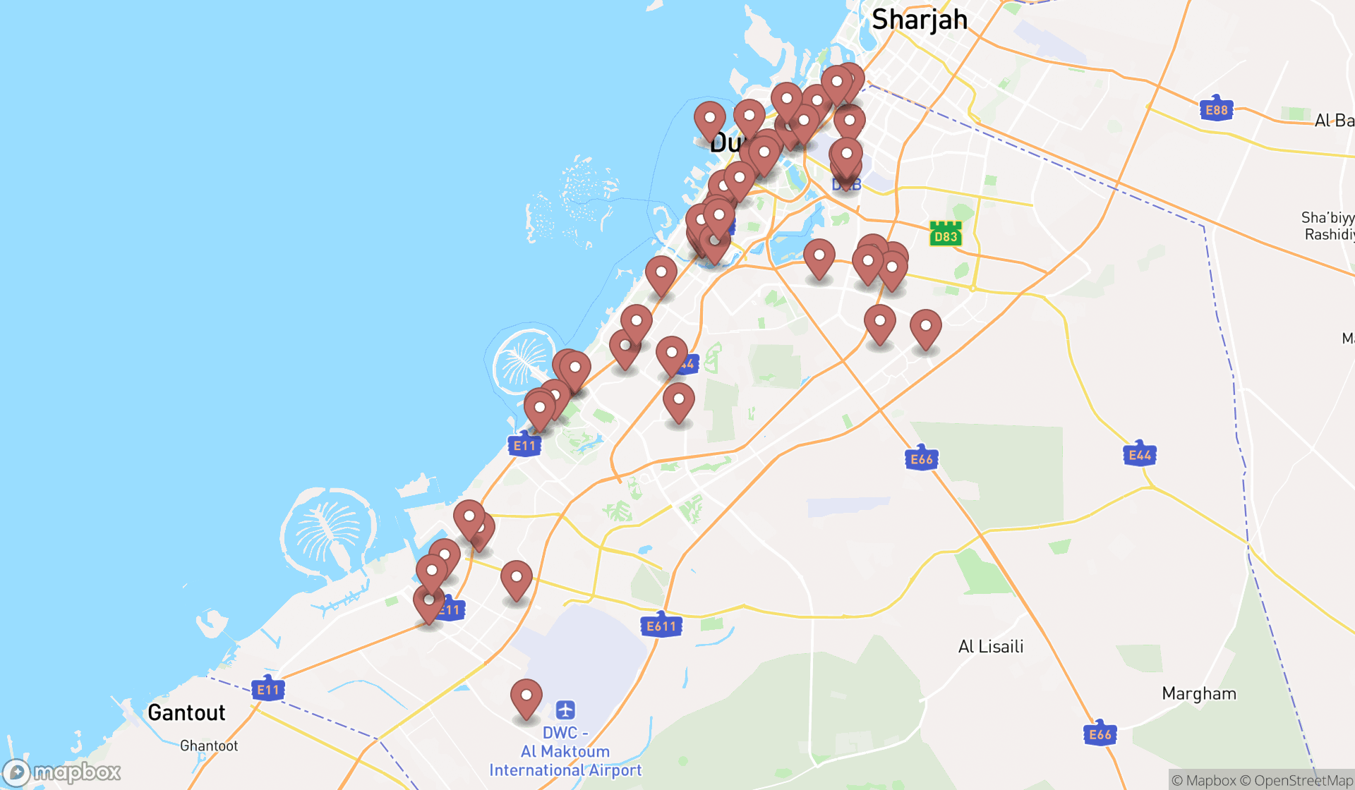 Map showing the search results in Dubai