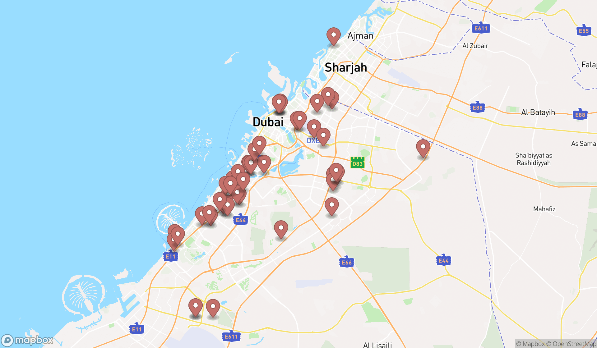 Map showing the search results in Dubai