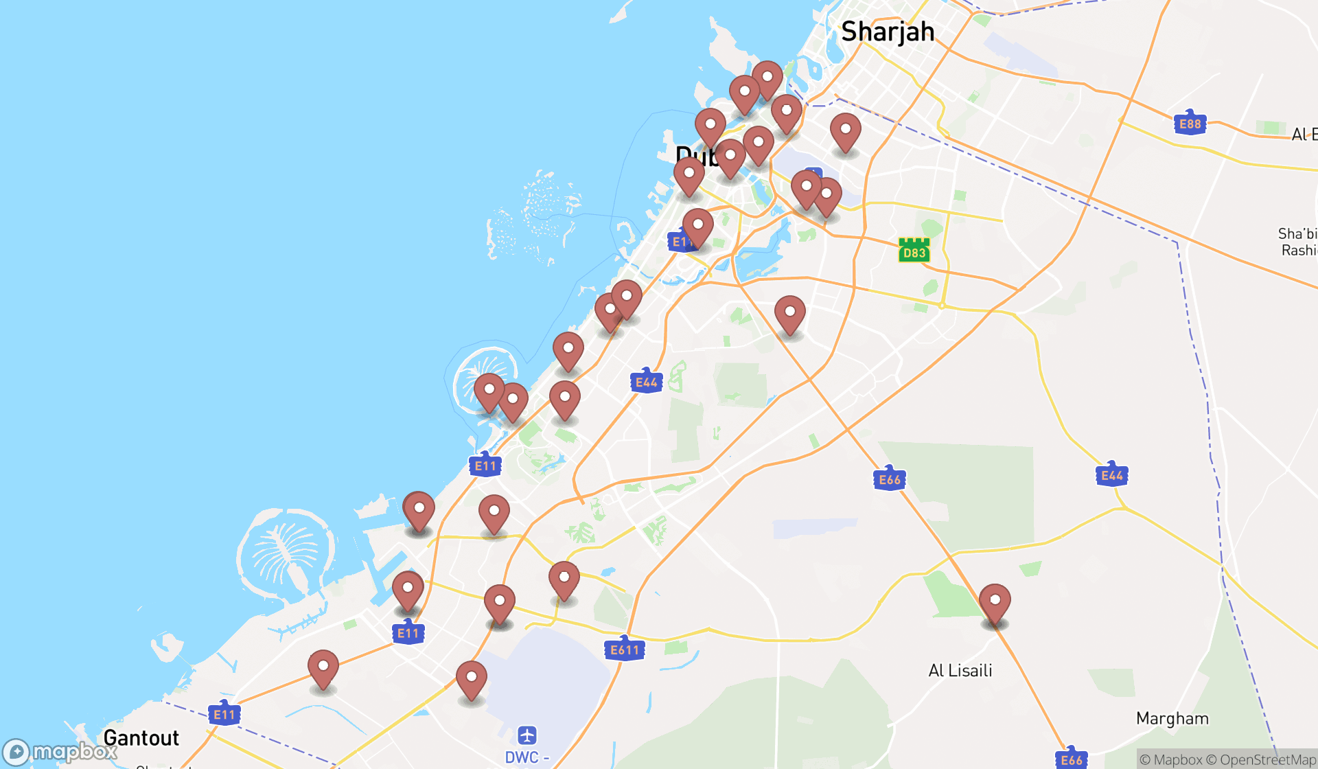 Map showing the search results in Dubai