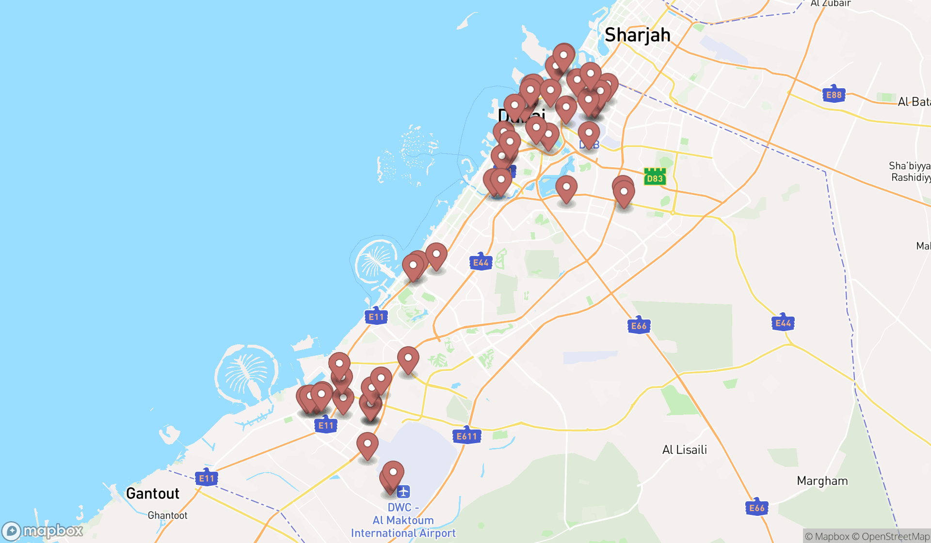 Map showing the search results in Dubai