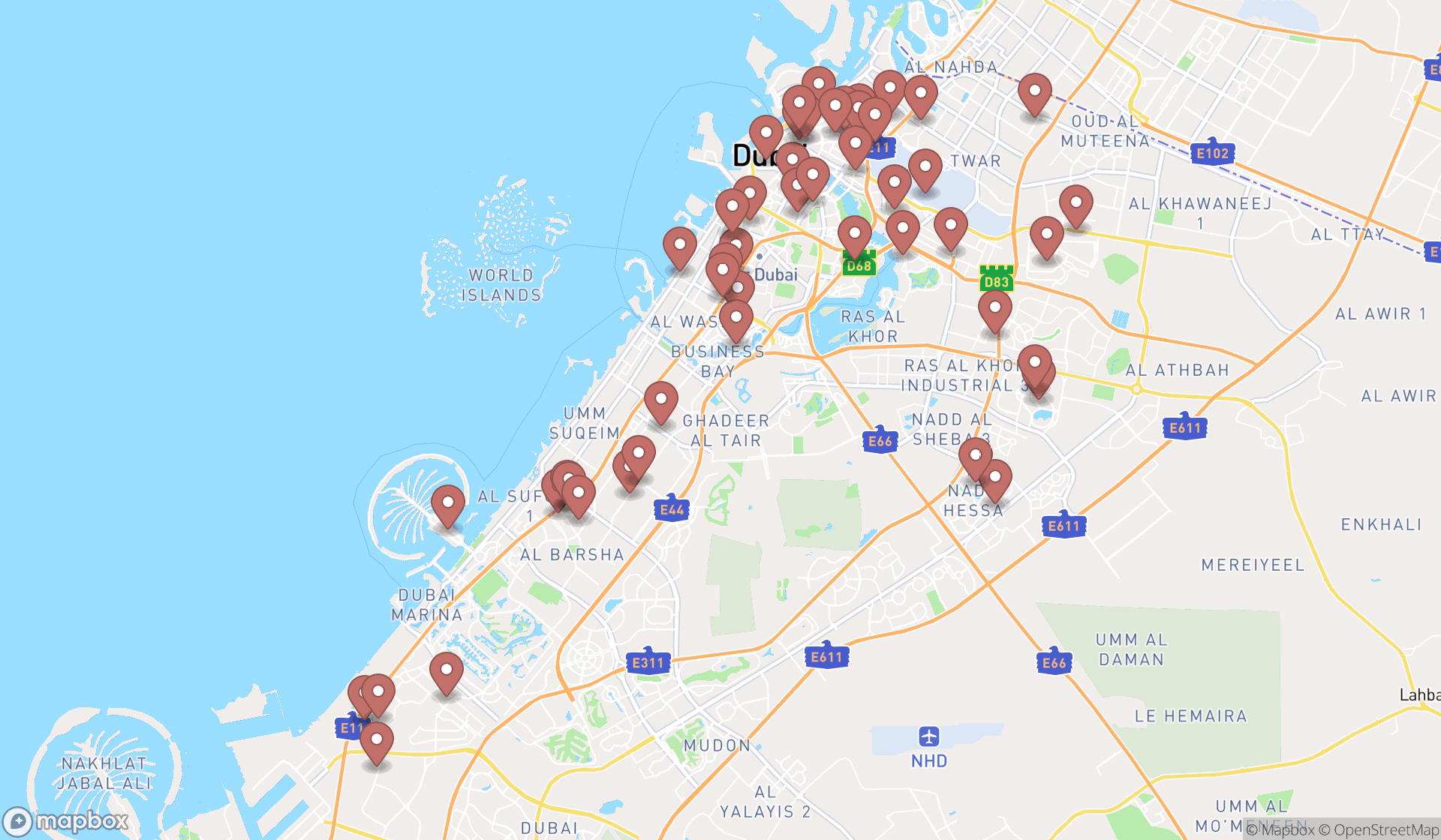 Map showing the search results in Dubai