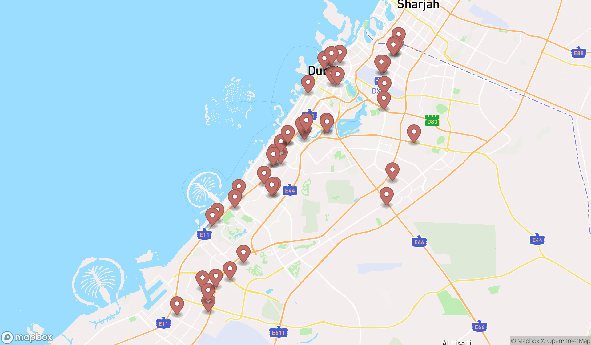 Map showing the search results in Dubai