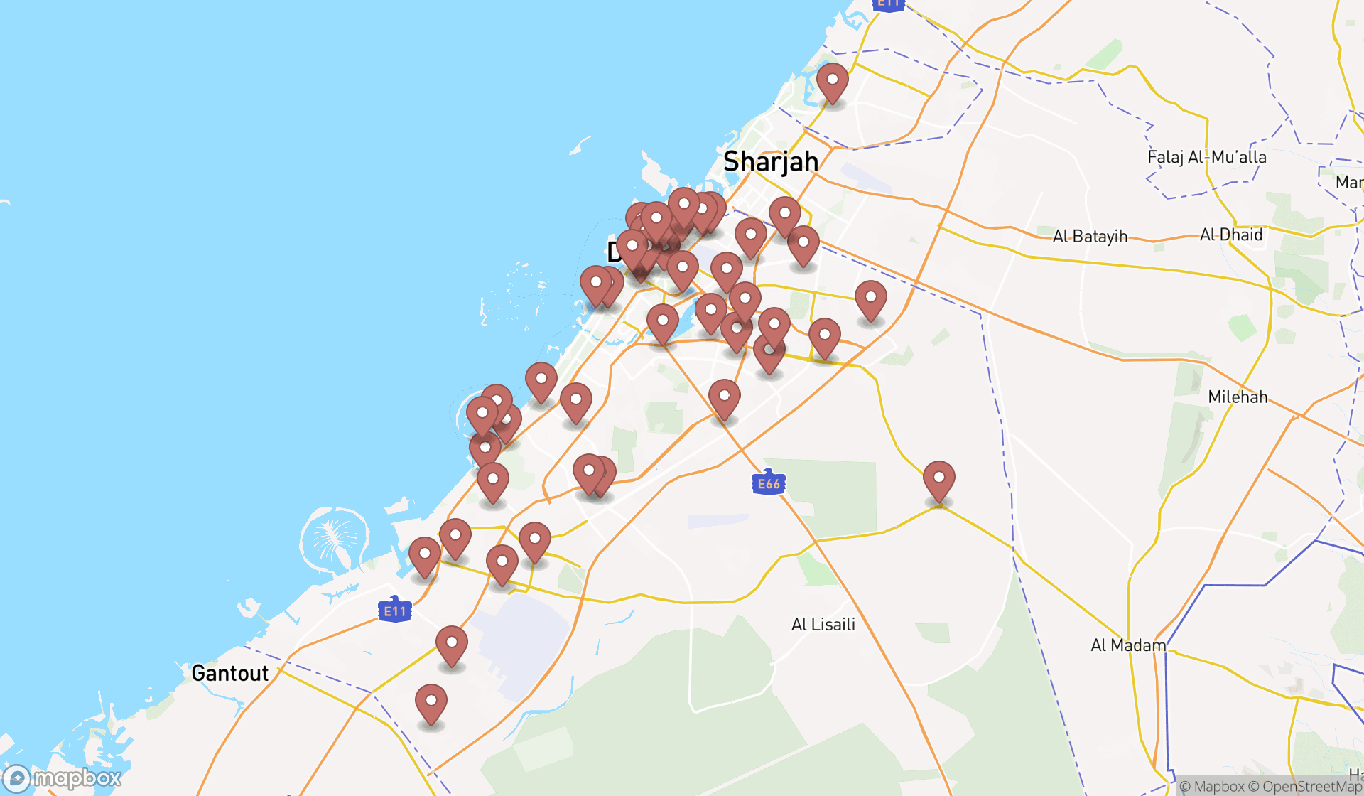 Map showing the search results in Dubai