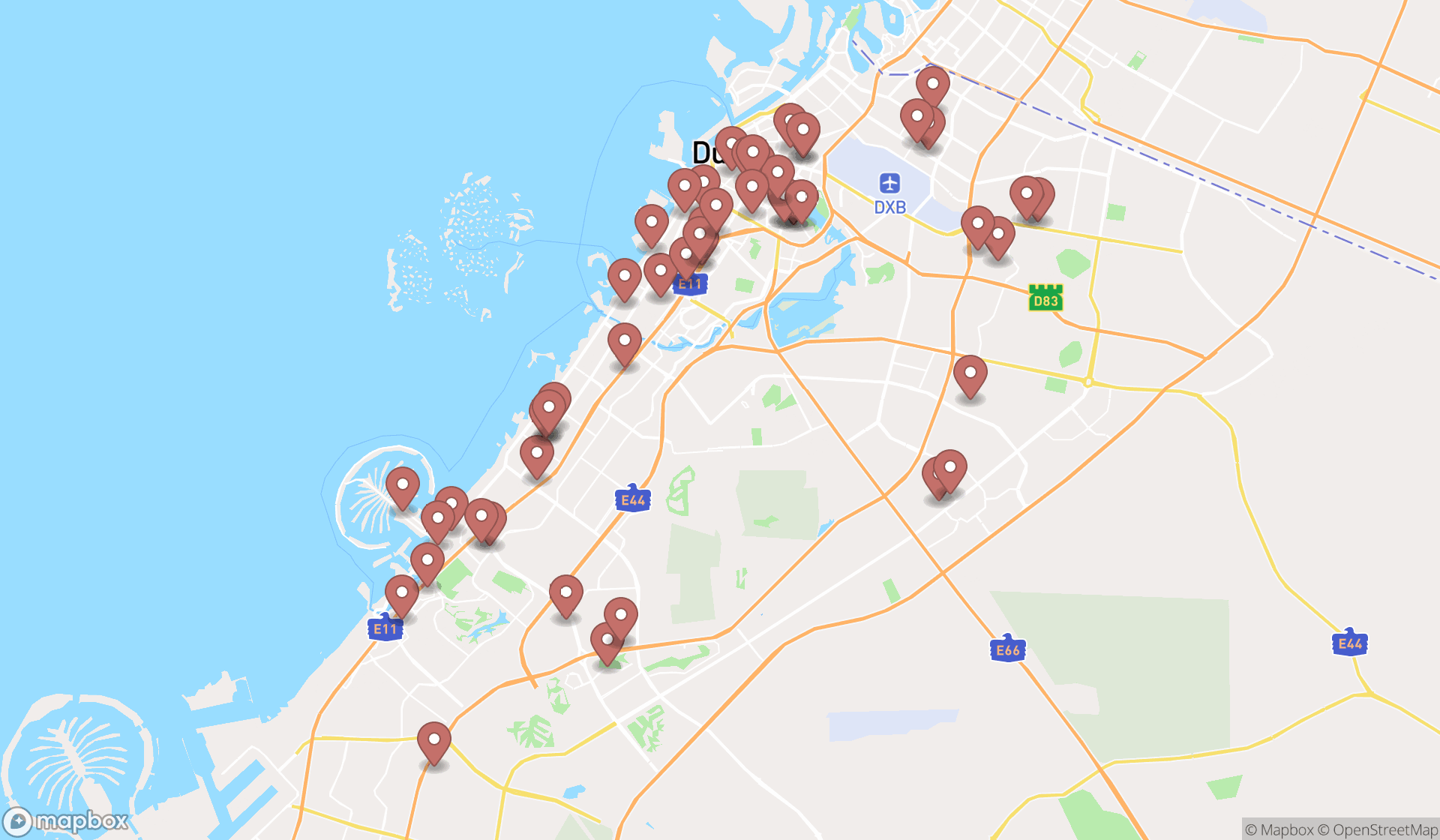 Map showing the search results in Dubai