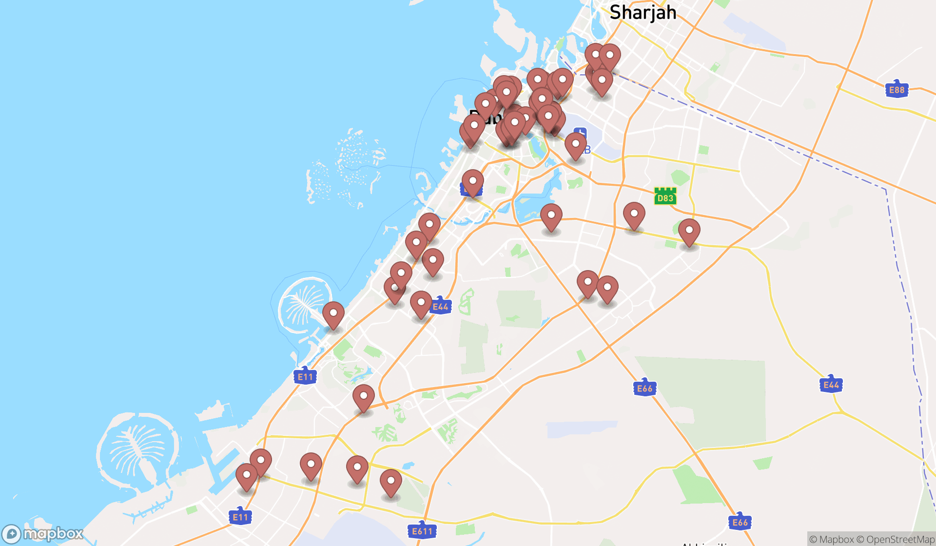 Map showing the search results in Dubai
