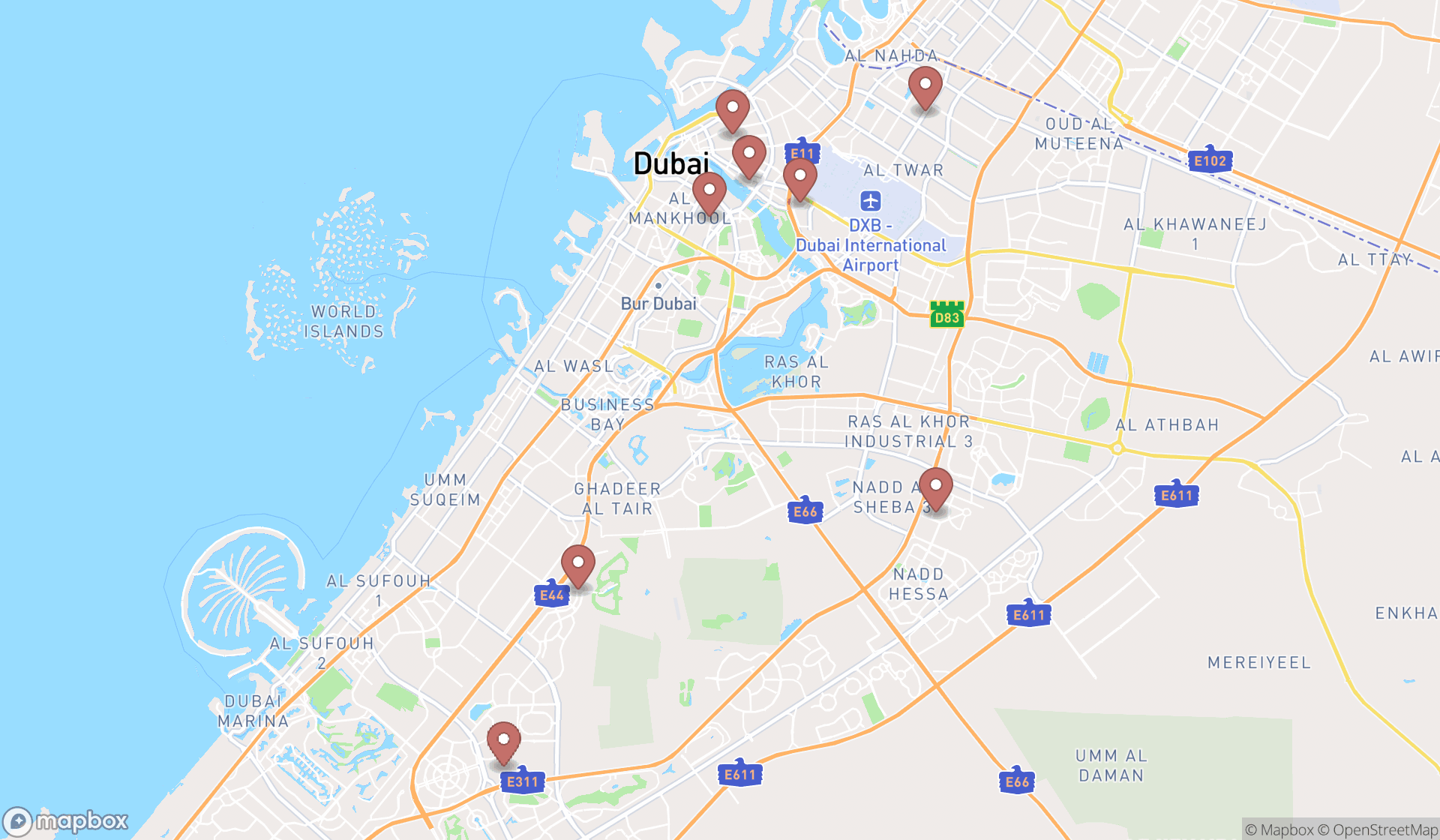 Map showing the search results in Dubai