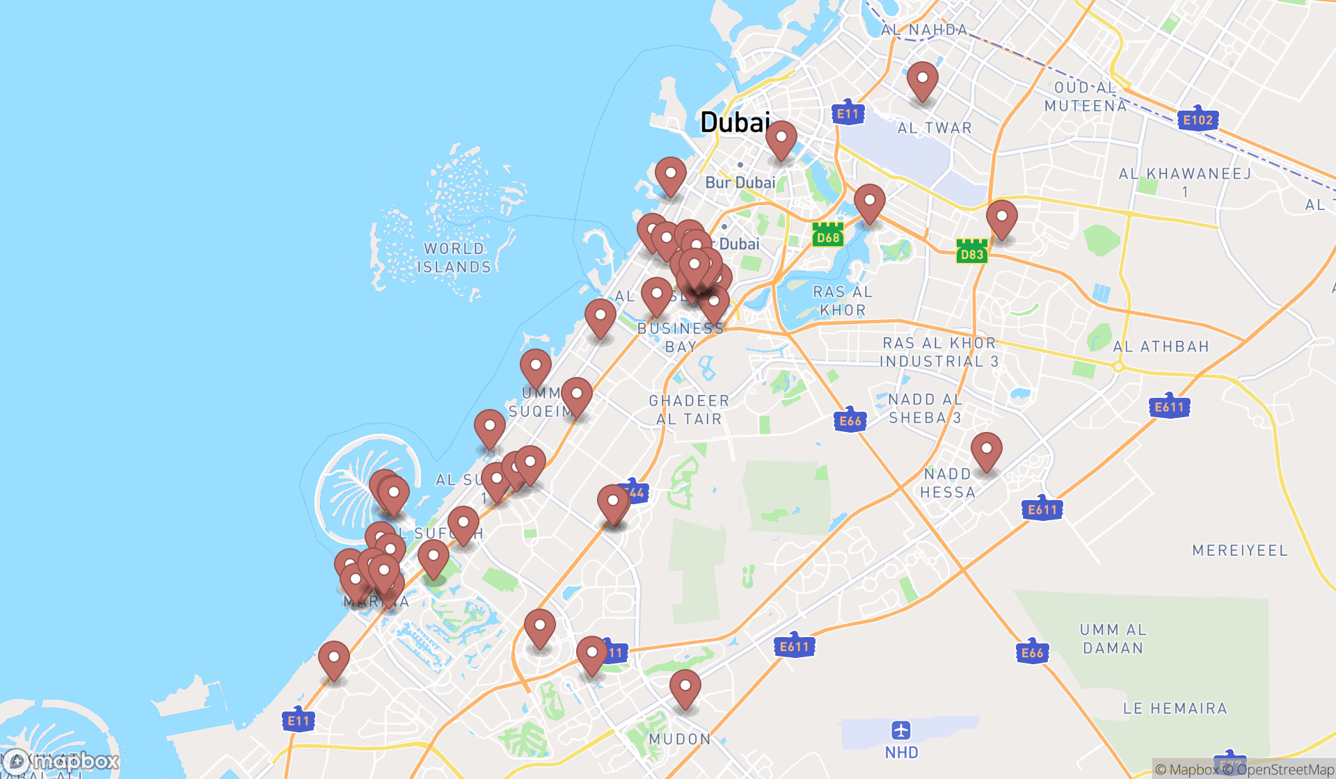 Map showing the search results in Dubai