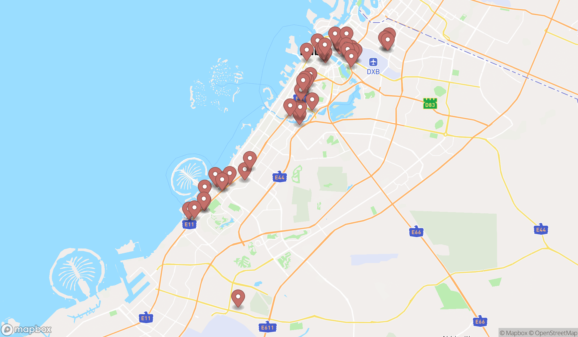 Map showing the search results in Dubai