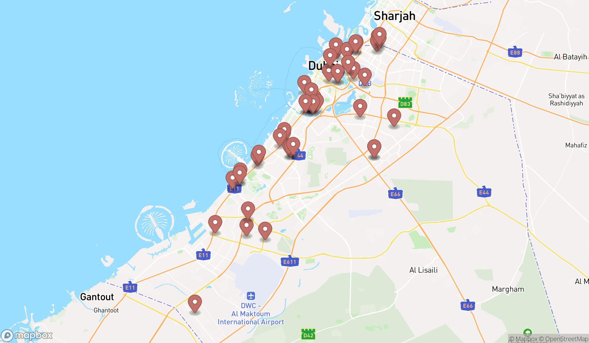 Map showing the search results in Dubai