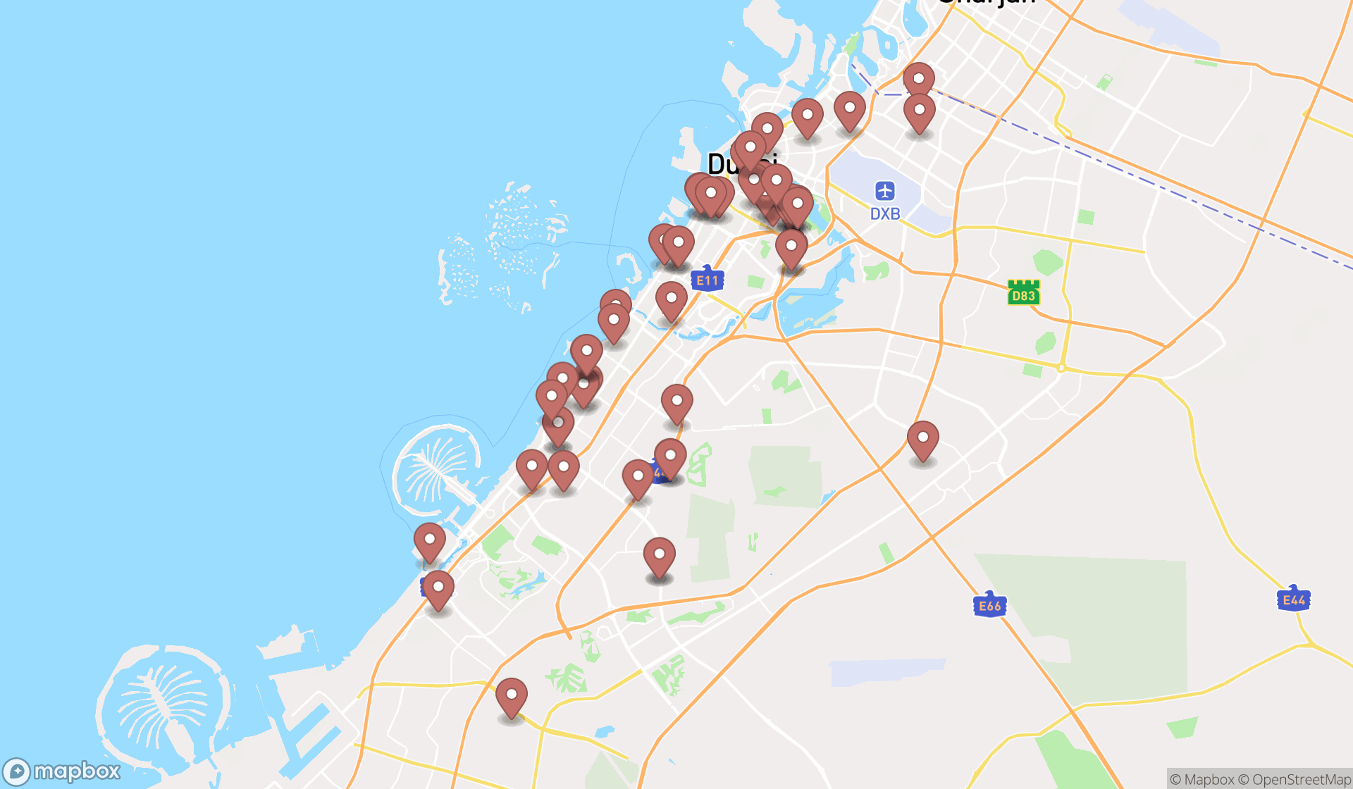 Map showing the search results in Dubai