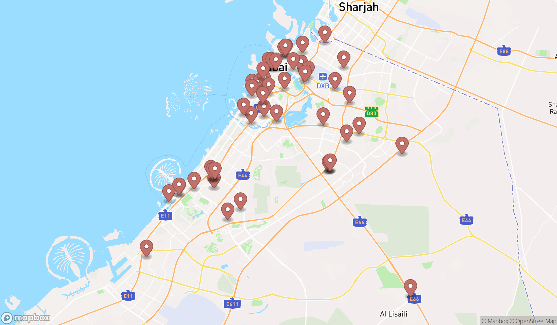Map showing the search results in Dubai