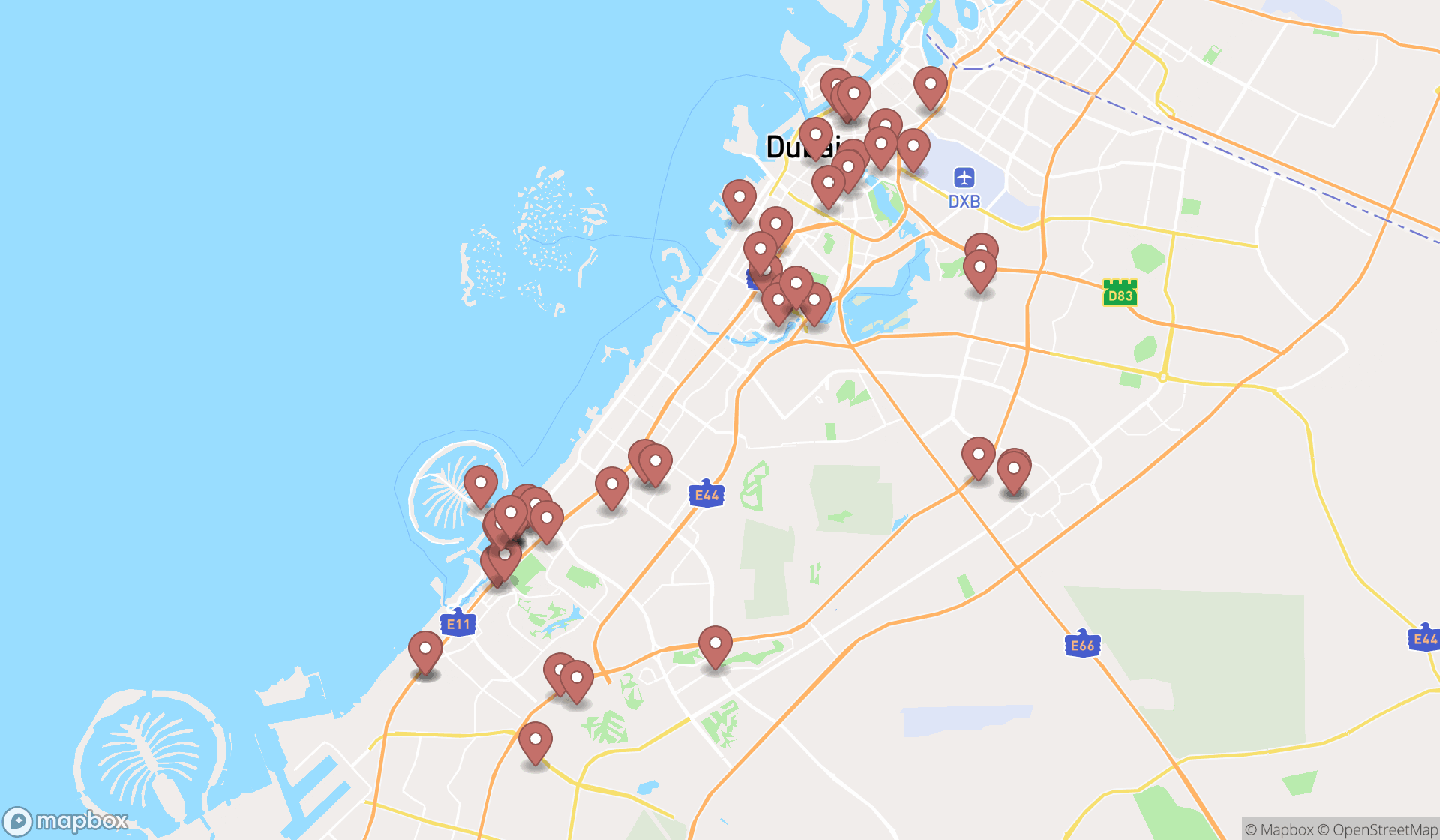 Map showing the search results in Dubai
