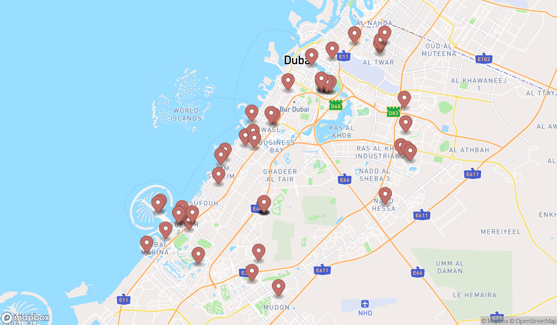 Map showing the search results in Dubai