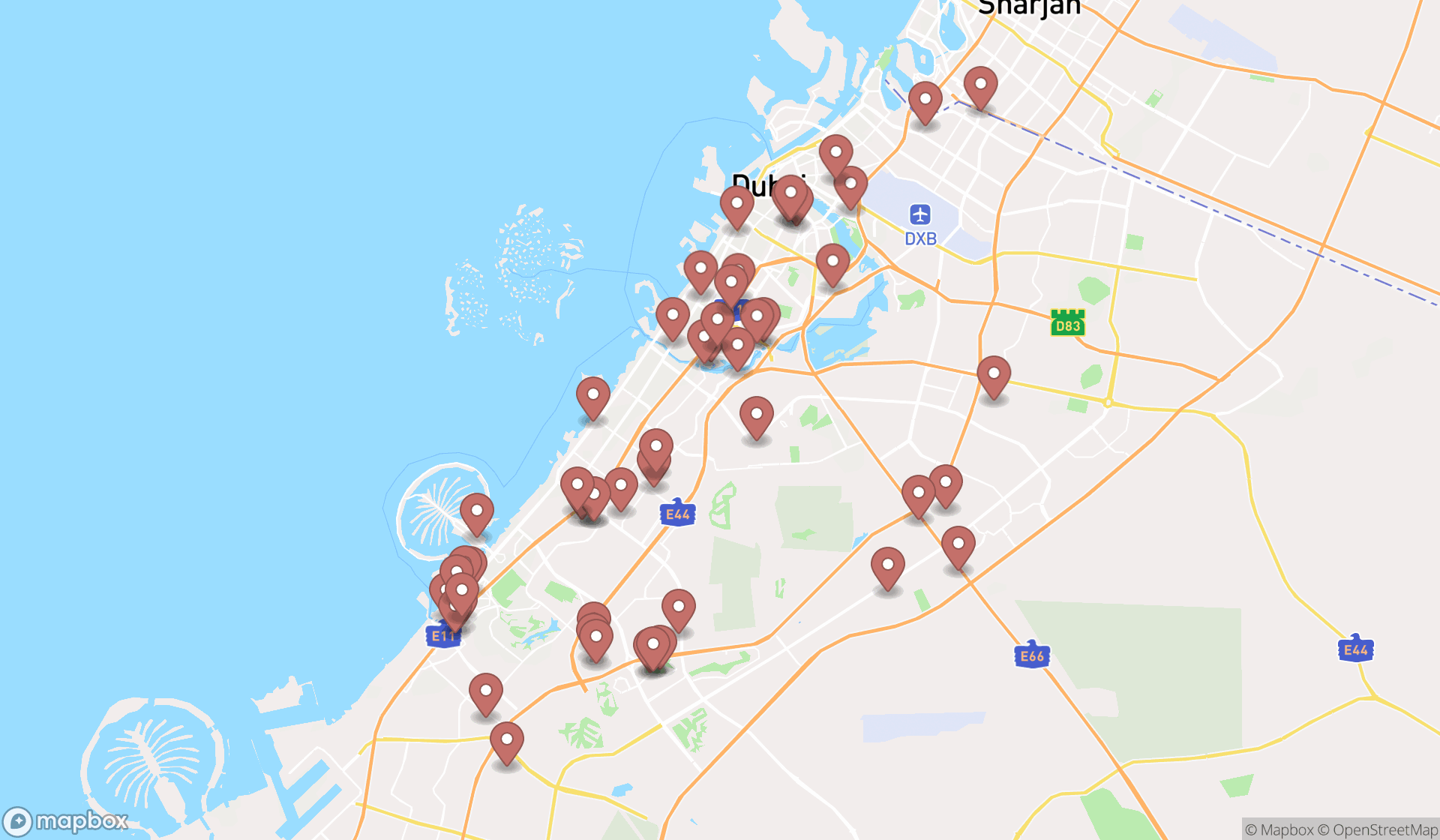 Map showing the search results in Dubai