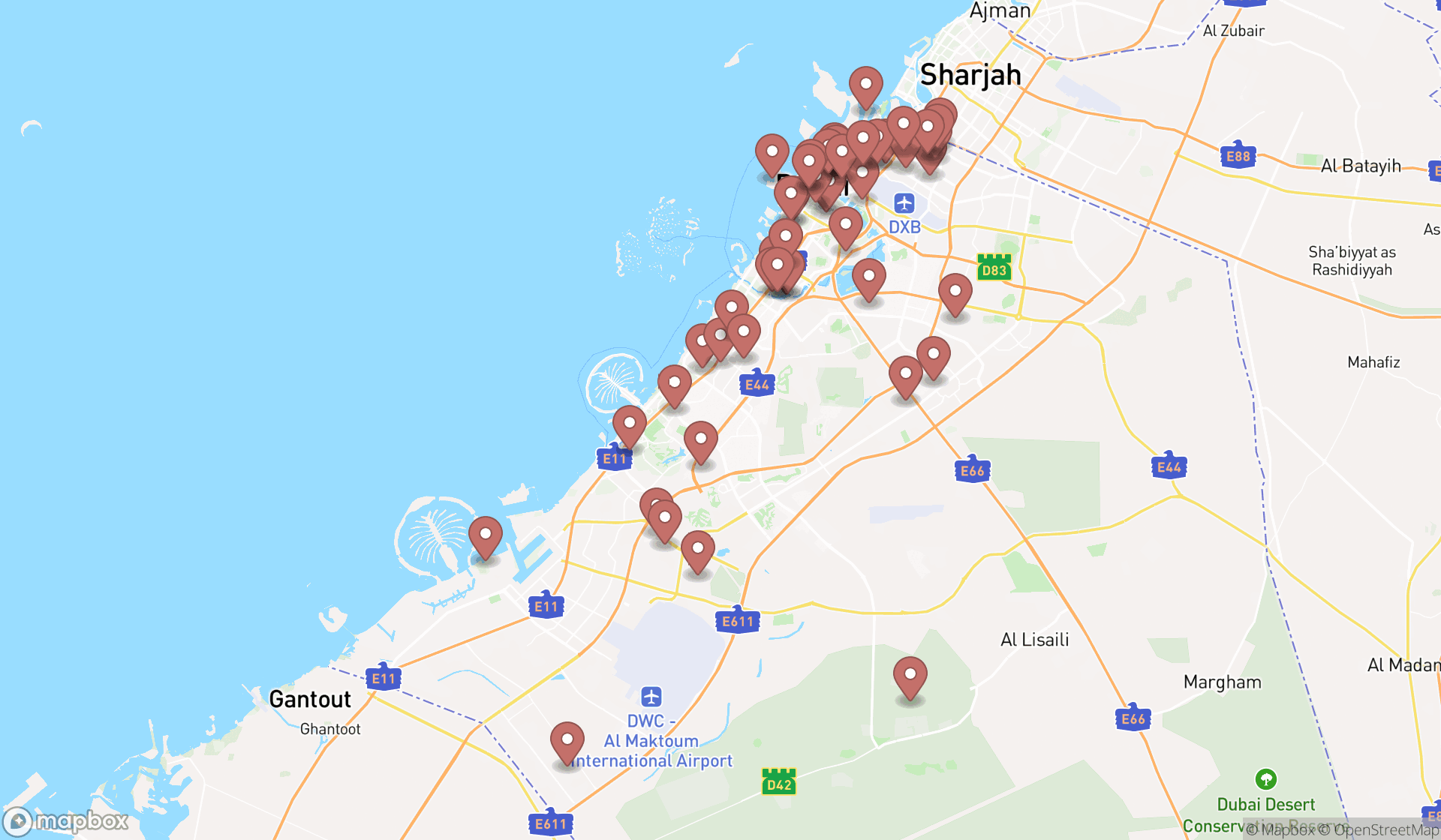 Map showing the search results in Dubai