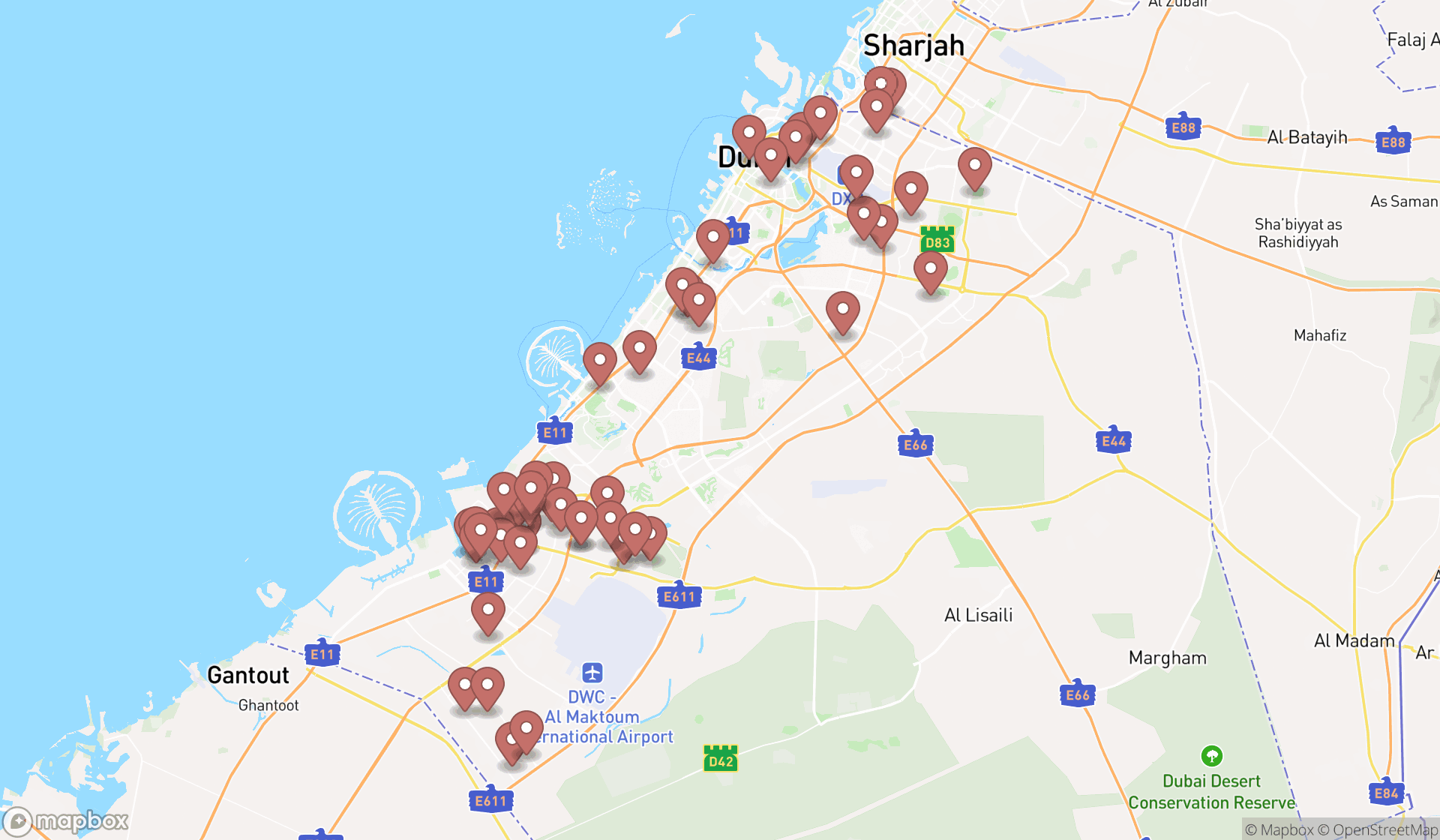 Map showing the search results in Dubai