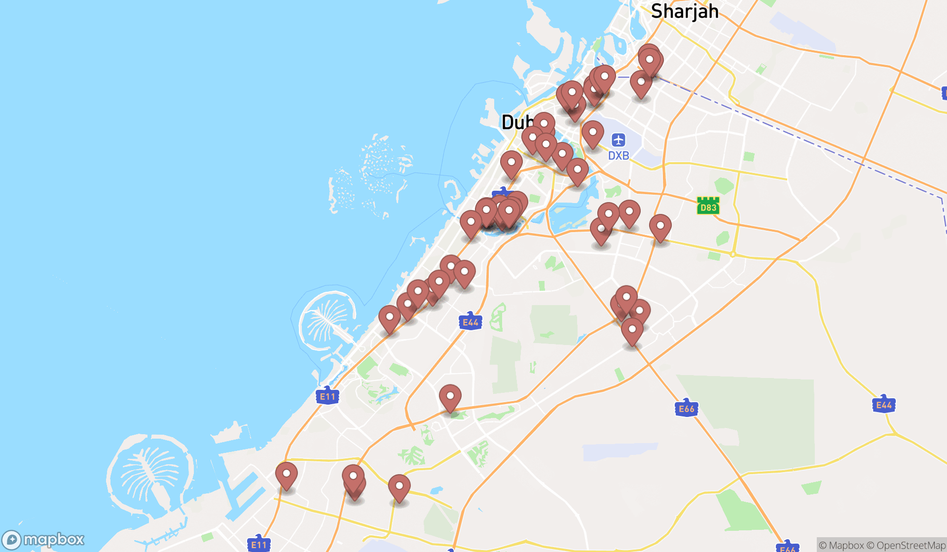 Map showing the search results in Dubai