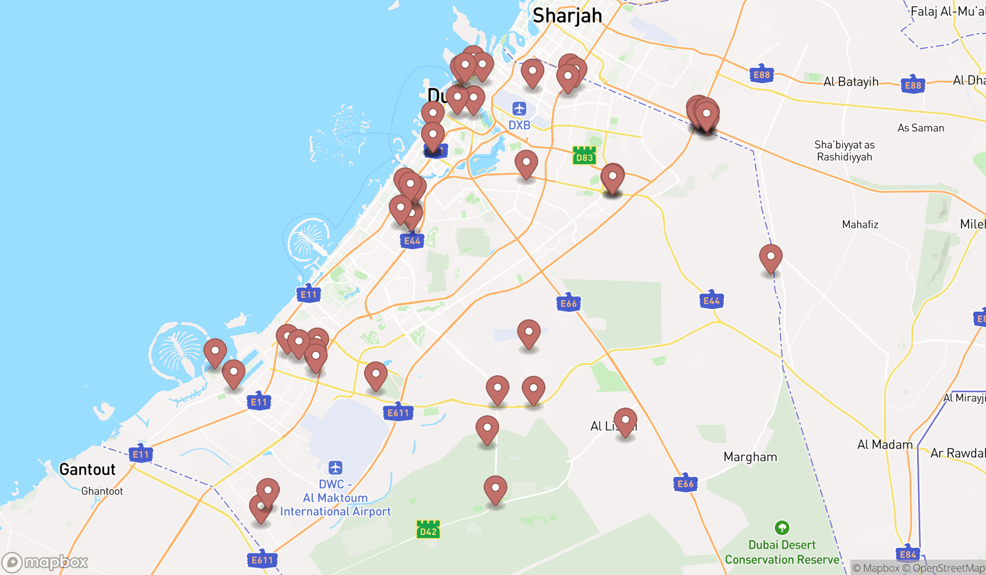 Map showing the search results in Dubai