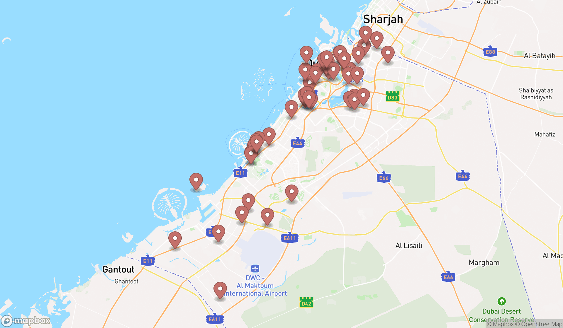 Map showing the search results in Dubai