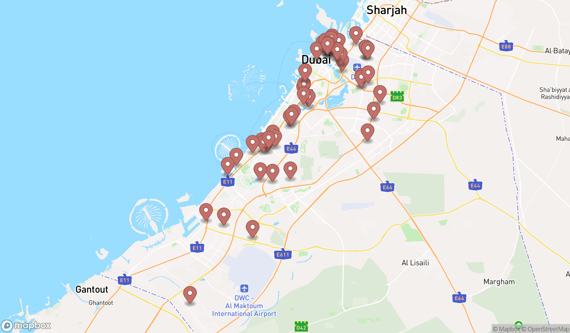 Map showing the search results in Dubai