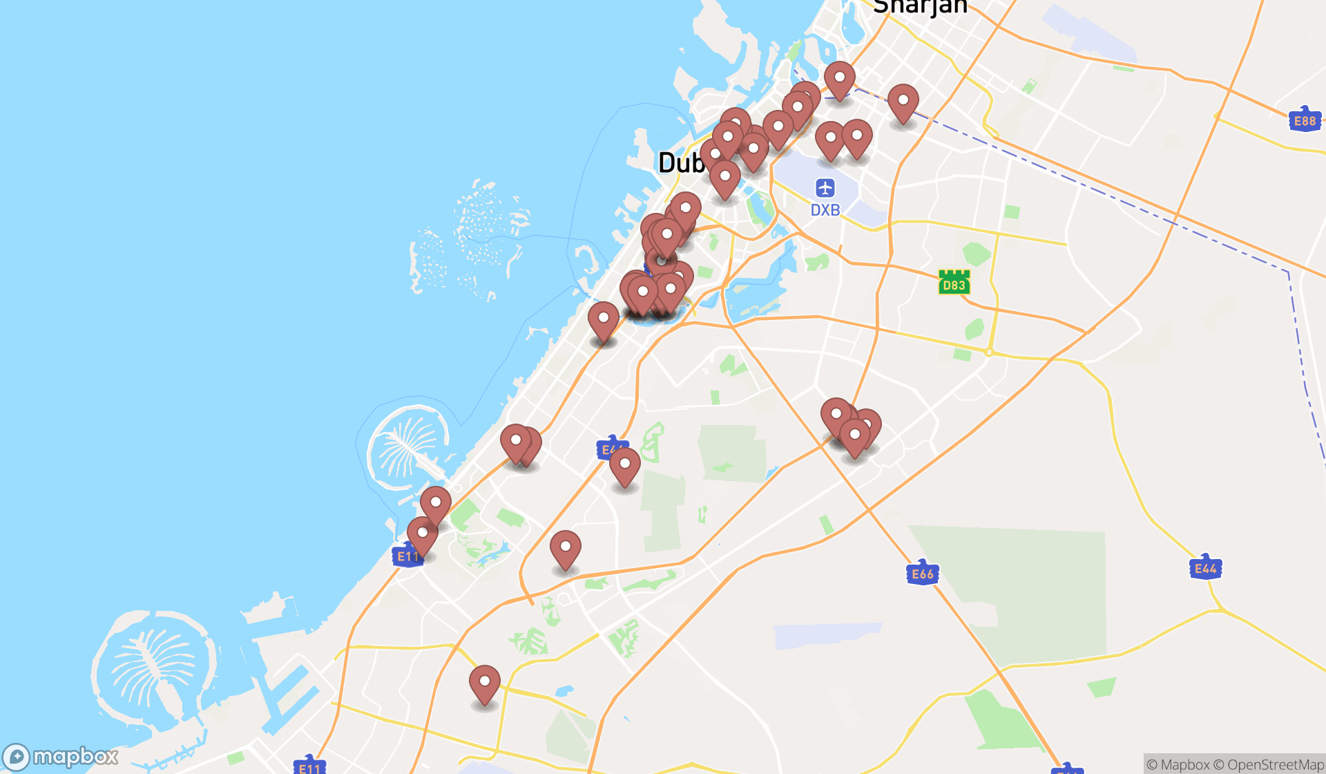 Map showing the search results in Dubai
