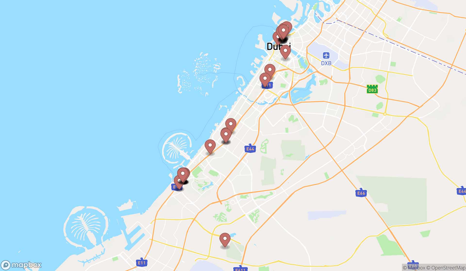Map showing the search results in Dubai
