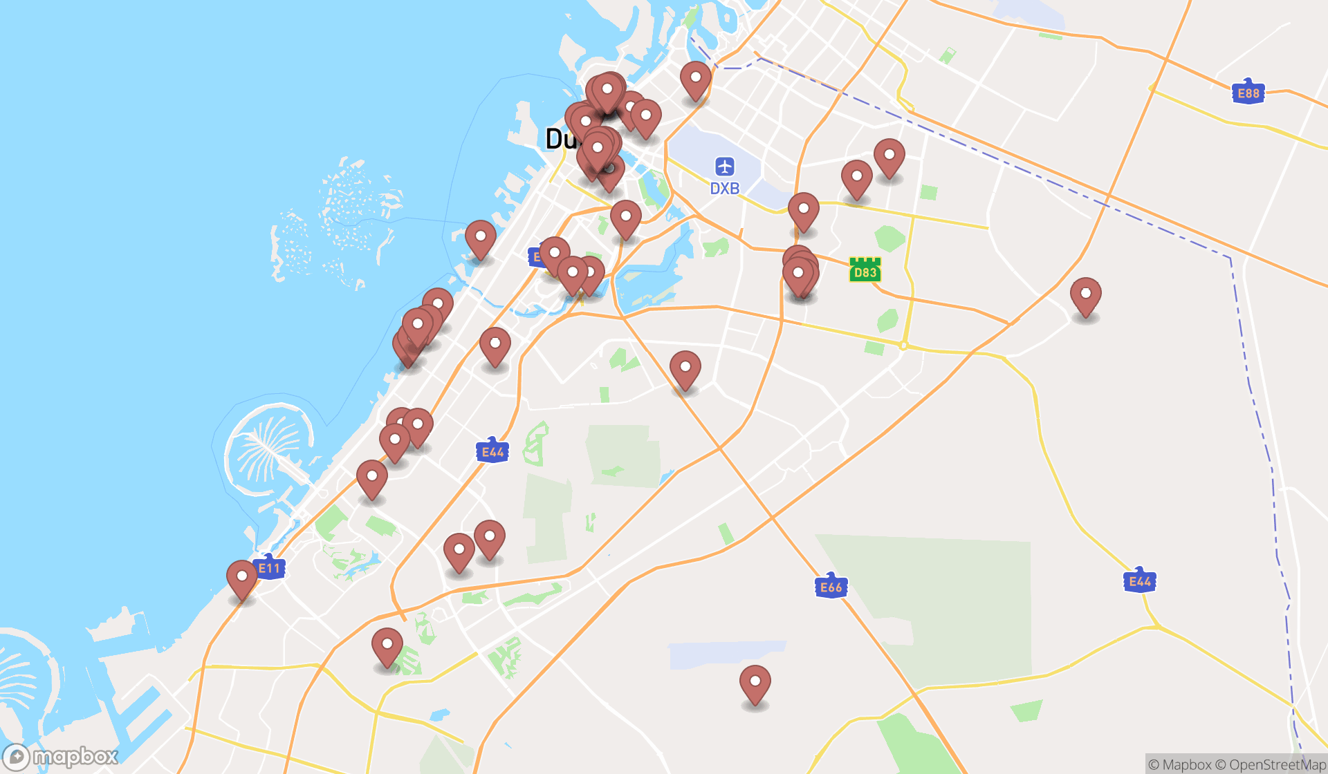 Map showing the search results in Dubai