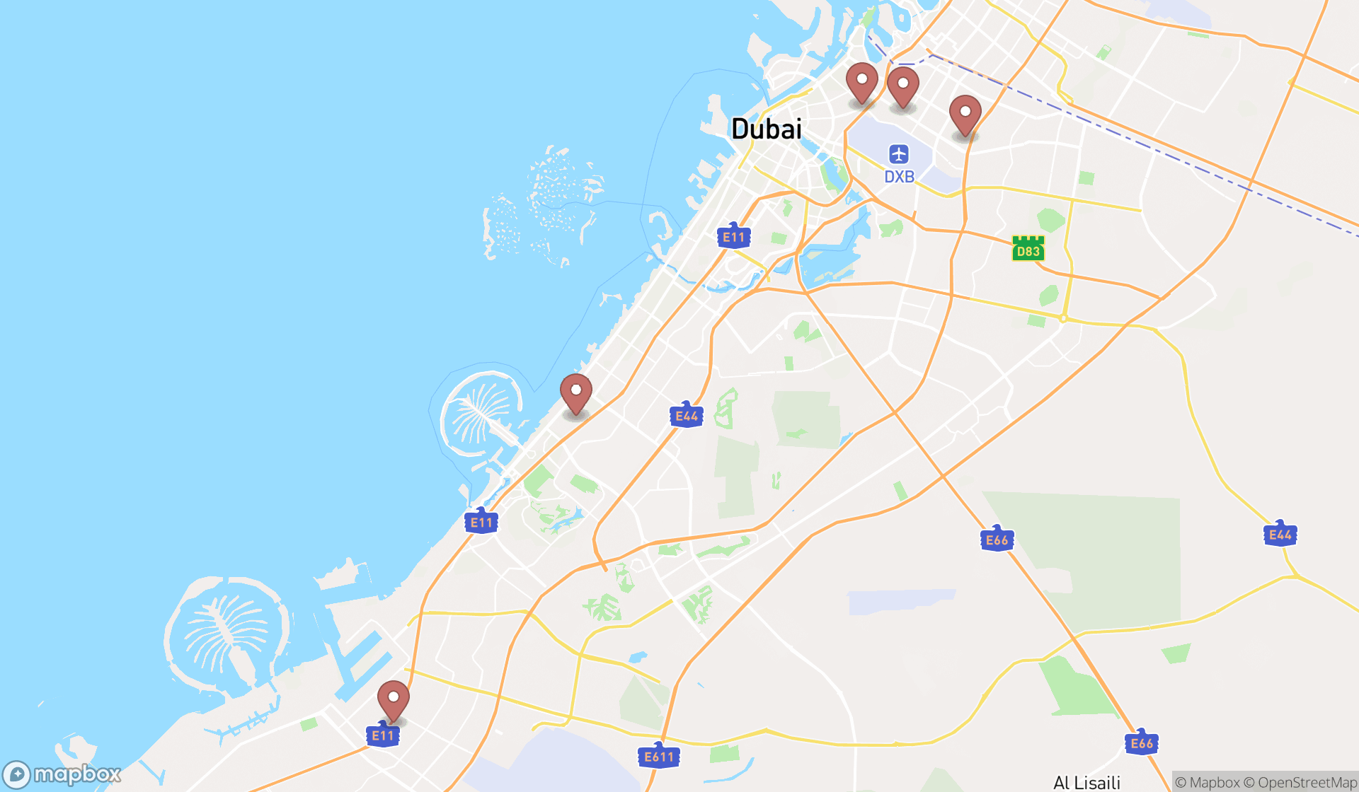 Map showing the search results in Dubai
