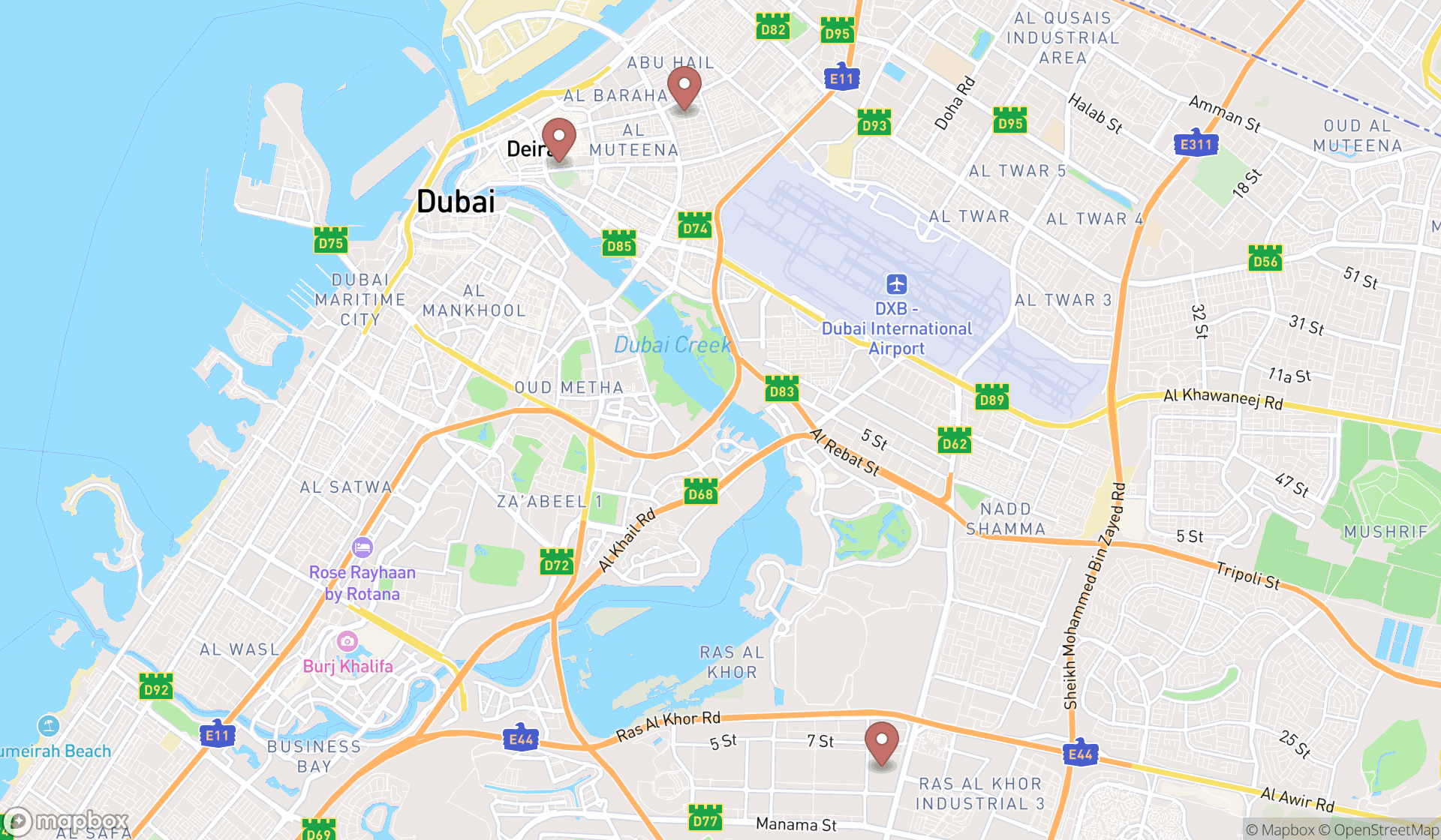 Map showing the search results in Dubai