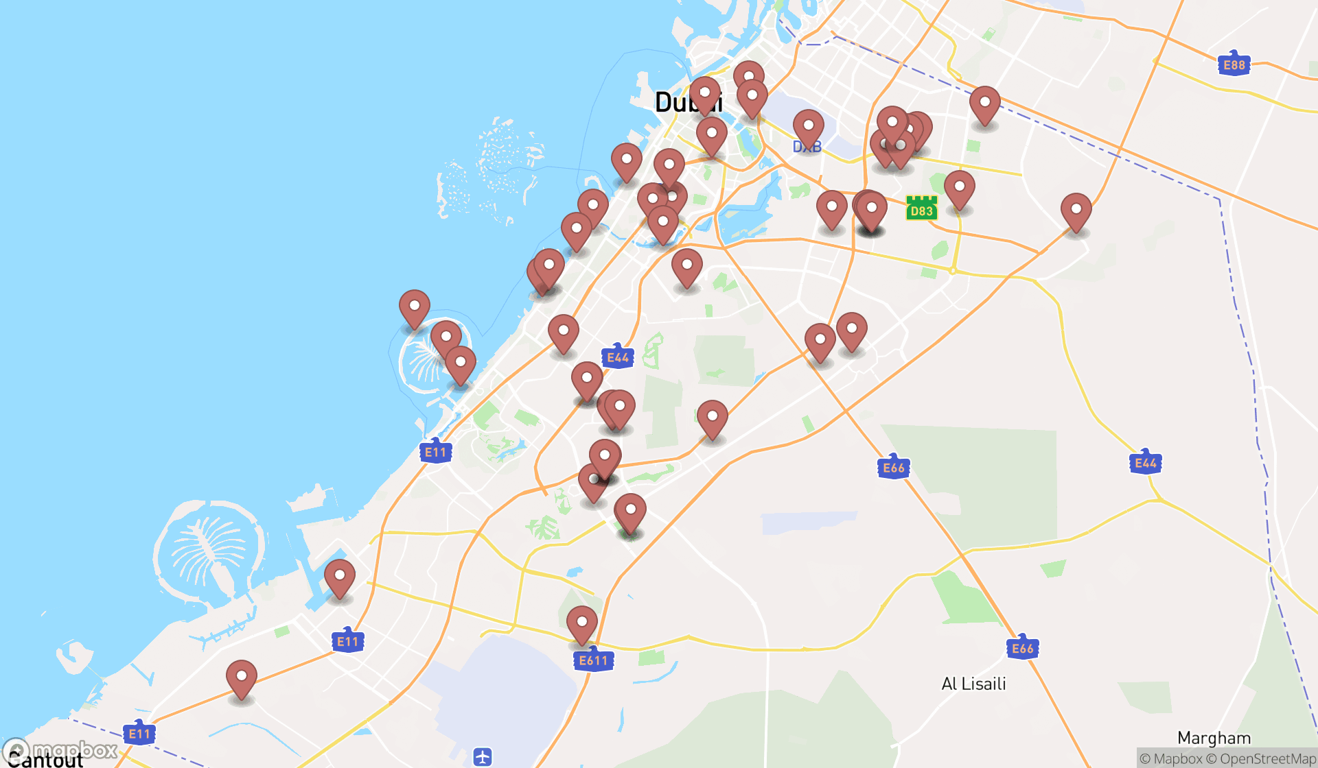 Map showing the search results in Dubai
