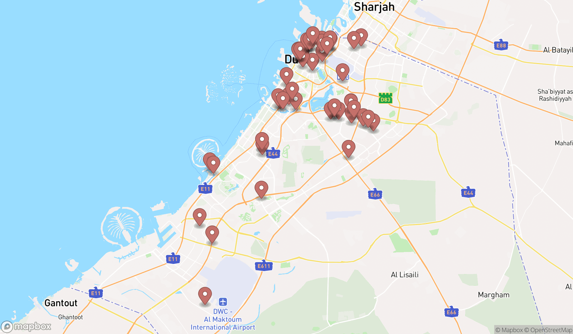 Map showing the search results in Dubai