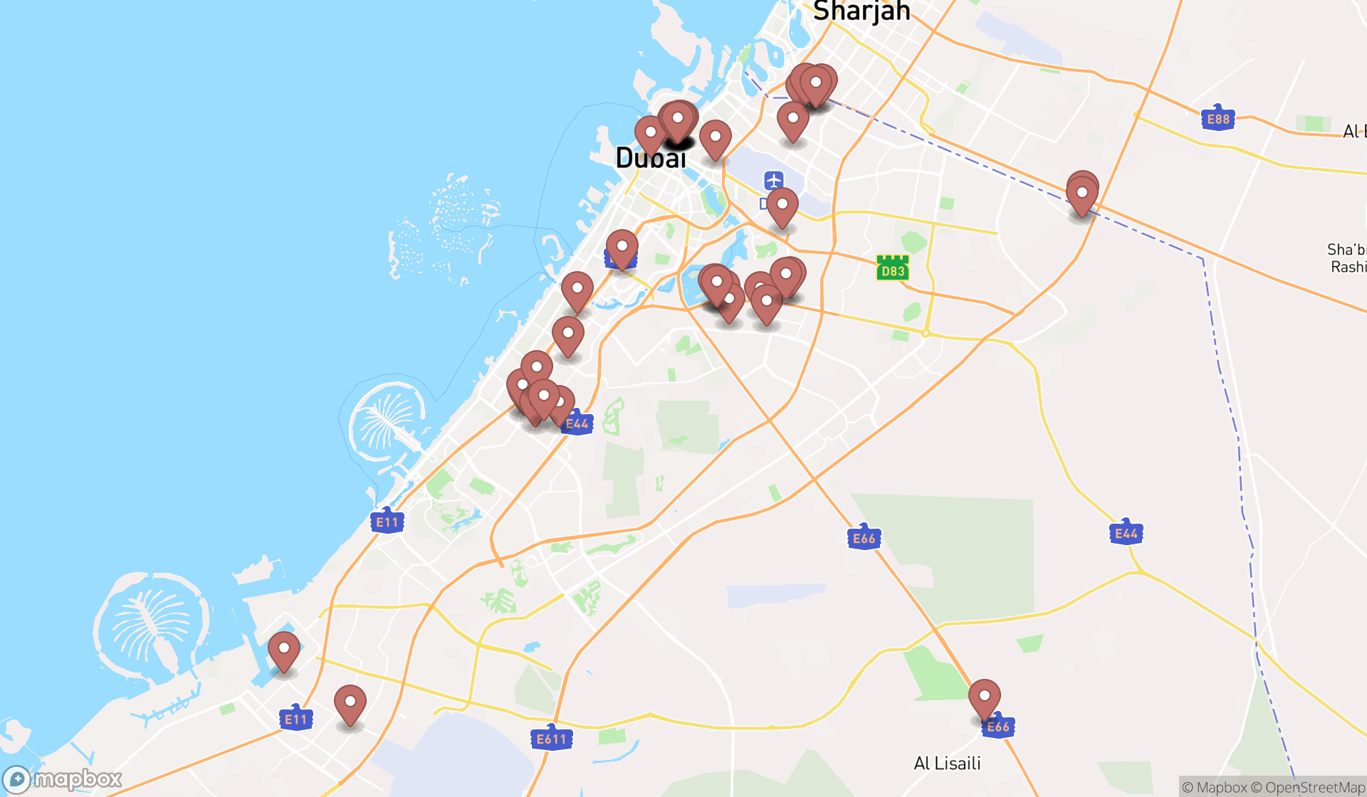 Map showing the search results in Dubai