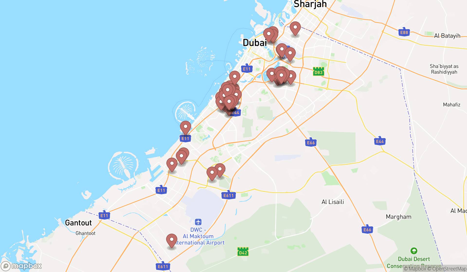 Map showing the search results in Dubai