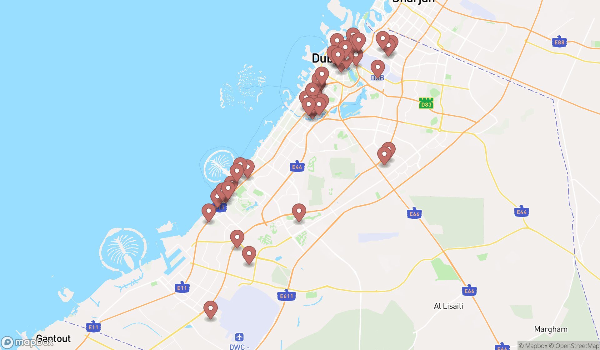 Map showing the search results in Dubai
