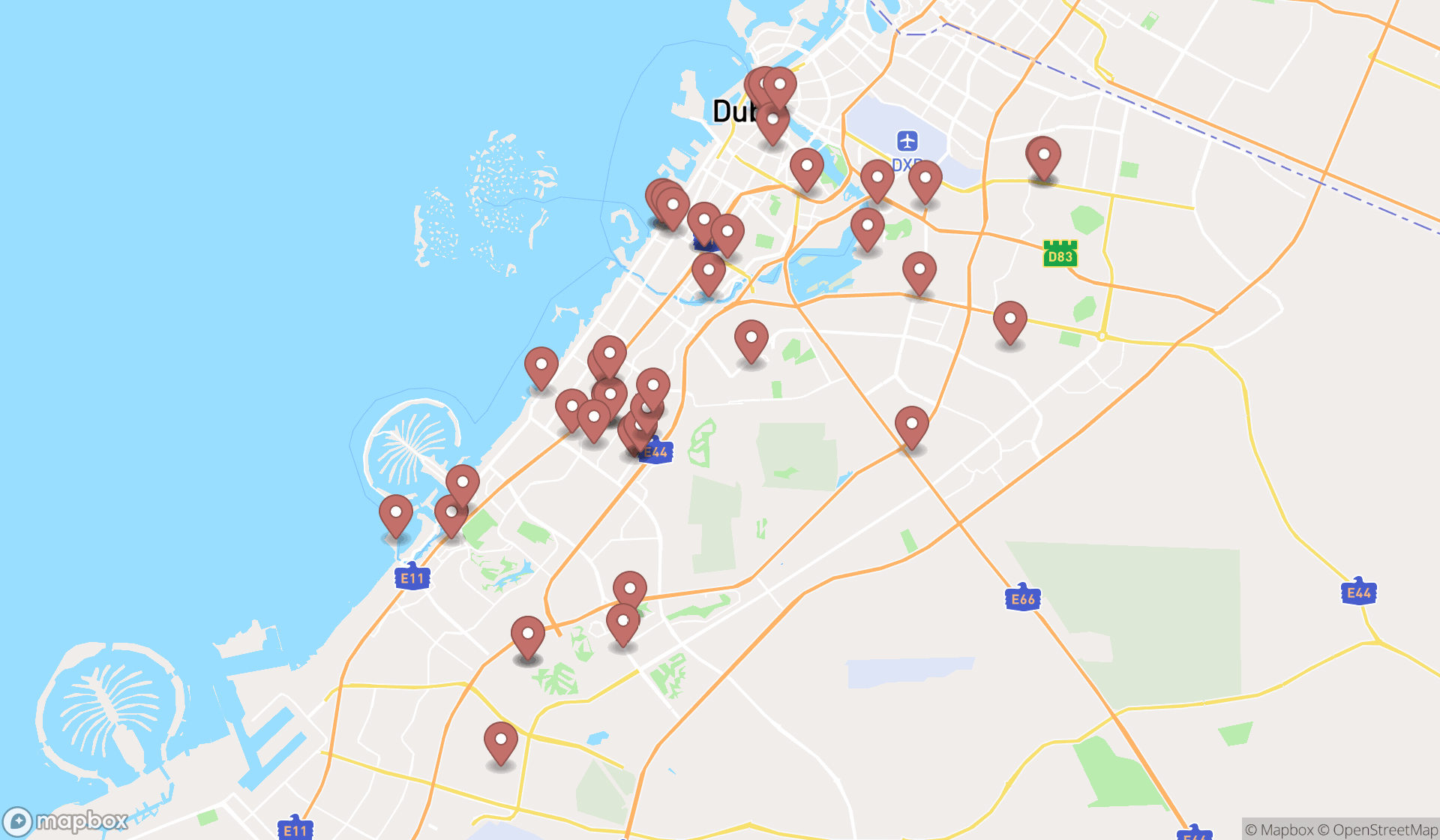 Map showing the search results in Dubai